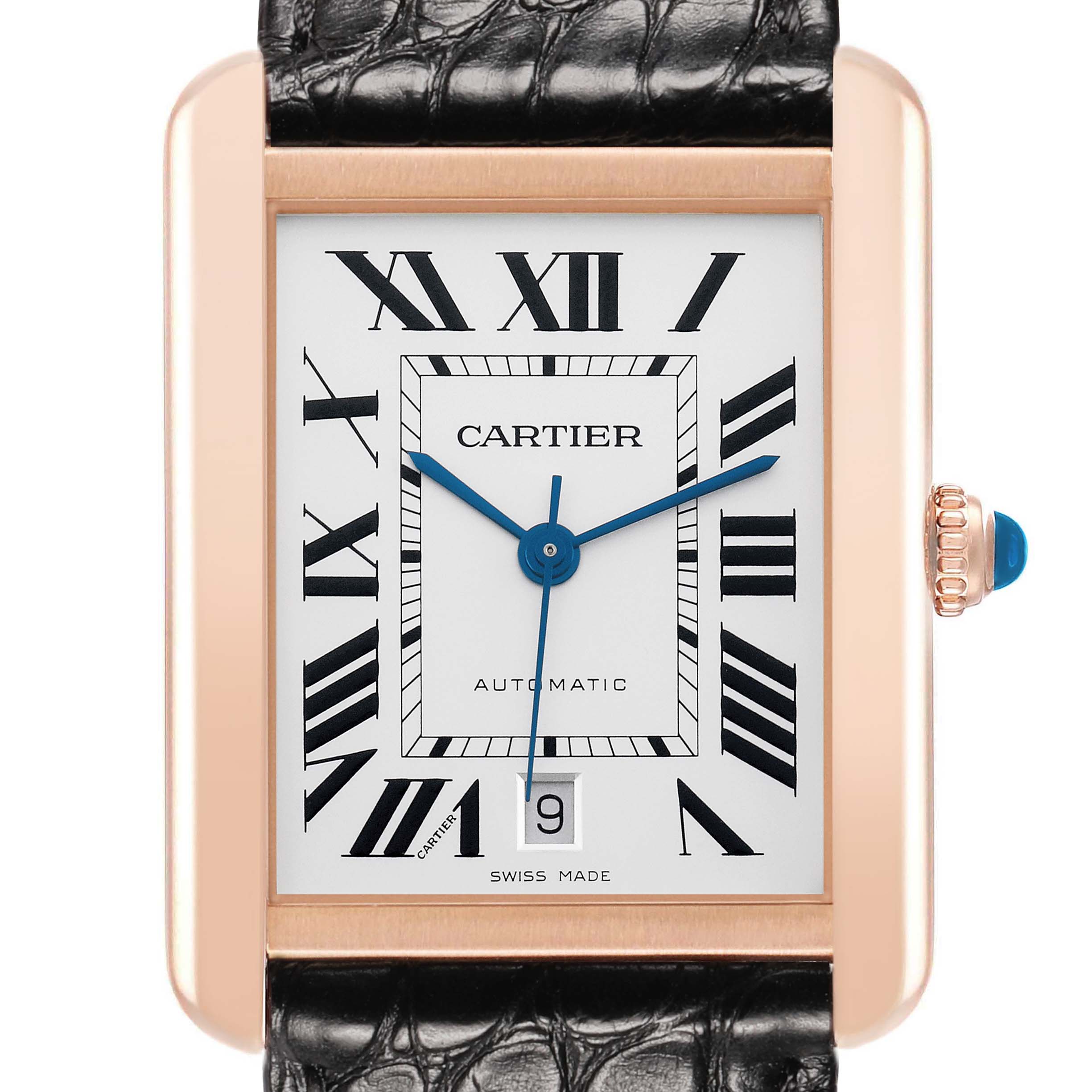 The image shows a frontal view of the Cartier Tank Solo W5200026 Men
s Rose Gold Silver Dial watch, highlighting its Roman numerals, blue hands, and date window.