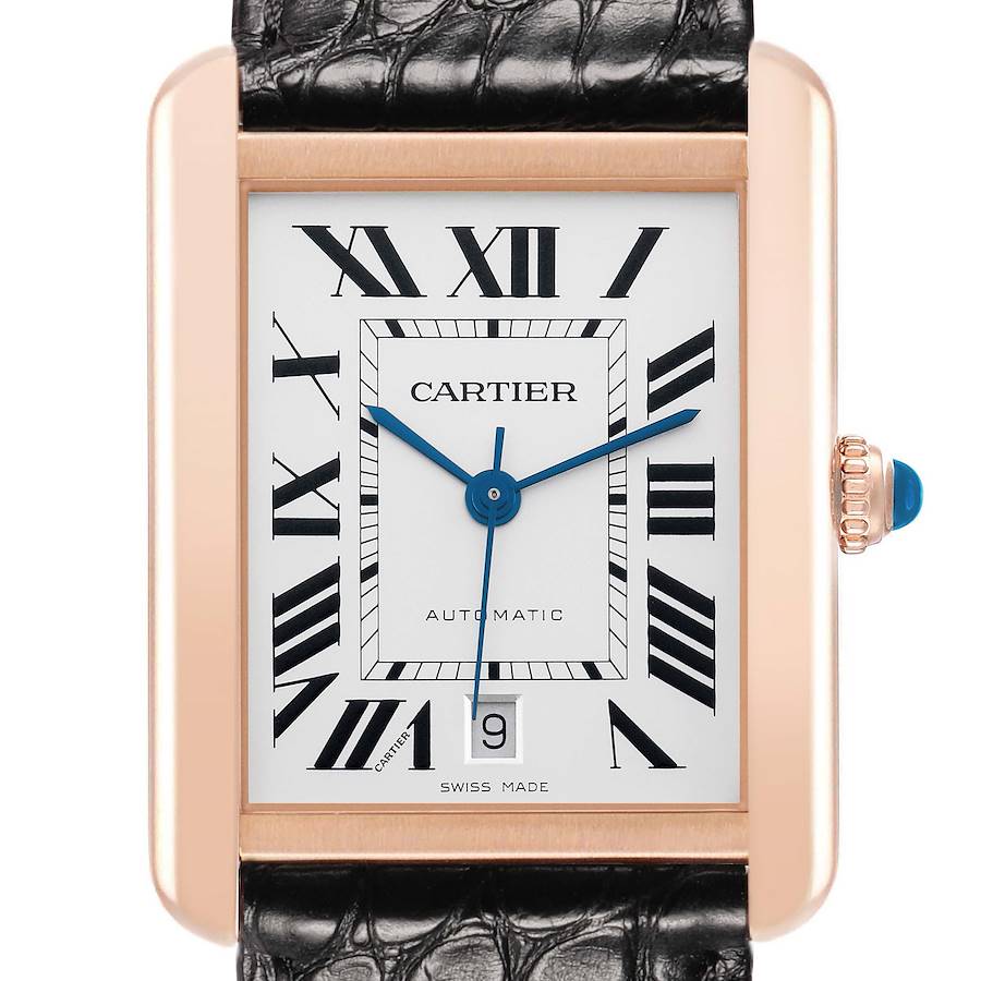 The image shows a frontal view of the Cartier Tank Solo W5200026 Men's Rose Gold Silver Dial watch, highlighting its Roman numerals, blue hands, and date window.