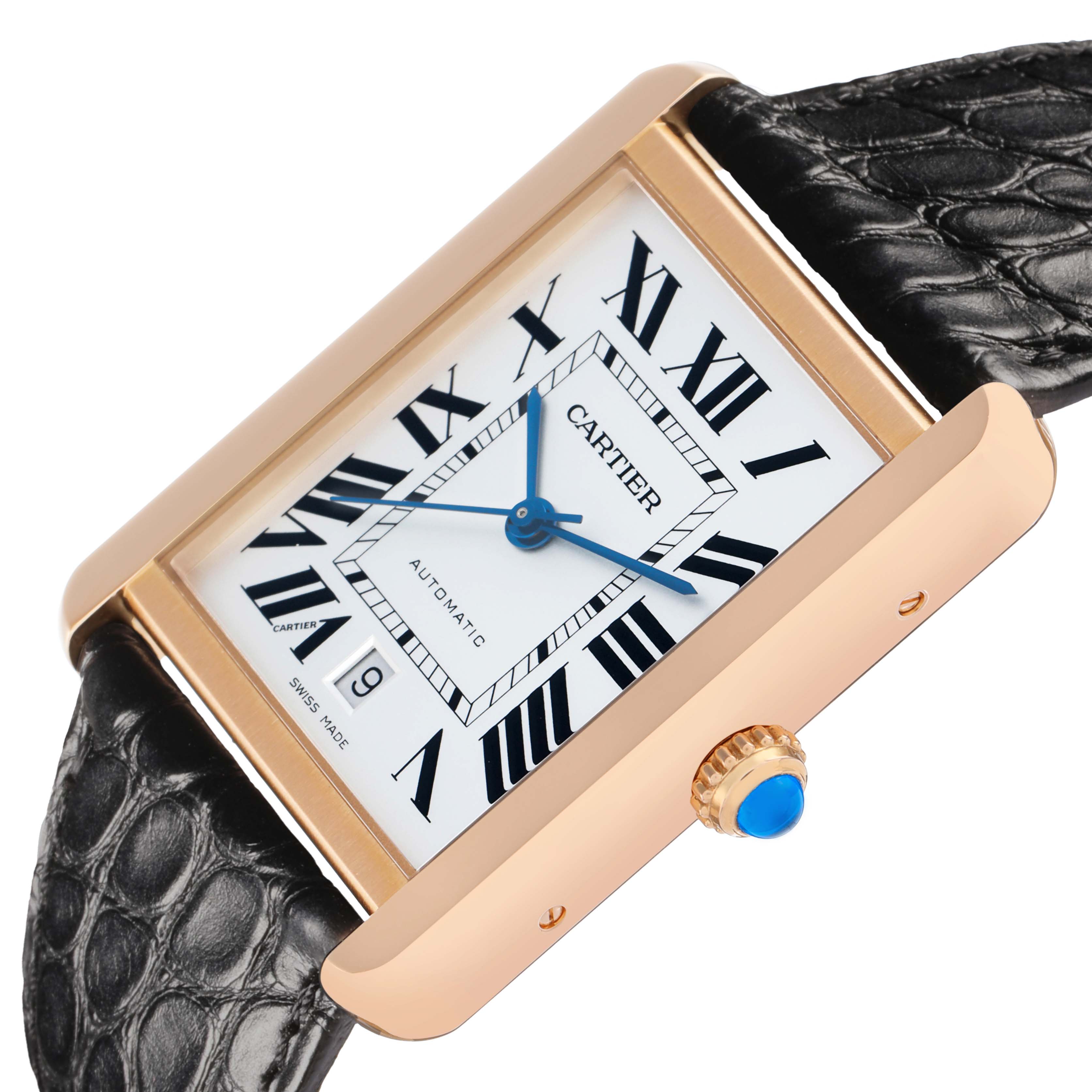 The Cartier Tank Solo W5200026 Men
s Rose Gold Silver Dial watch is shown at an angled view, displaying the Roman numeral dial, blue hands, and gold crown with a blue cabochon.