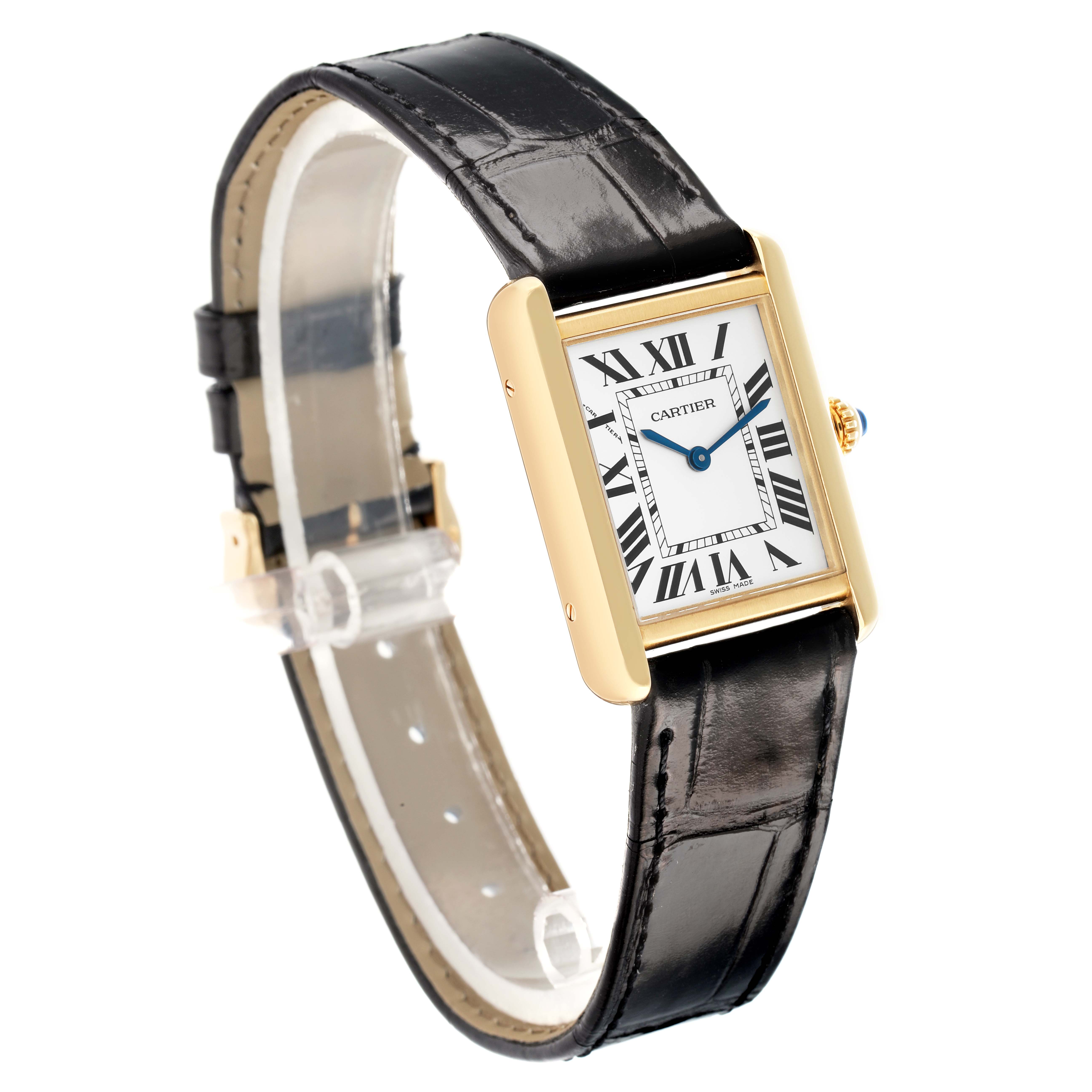 The Cartier Tank Solo W5200002 Women
s Steel and Gold (two tone) Silver Dial watch is shown at a three-quarter front angle, highlighting the face, leather strap, and side crown.