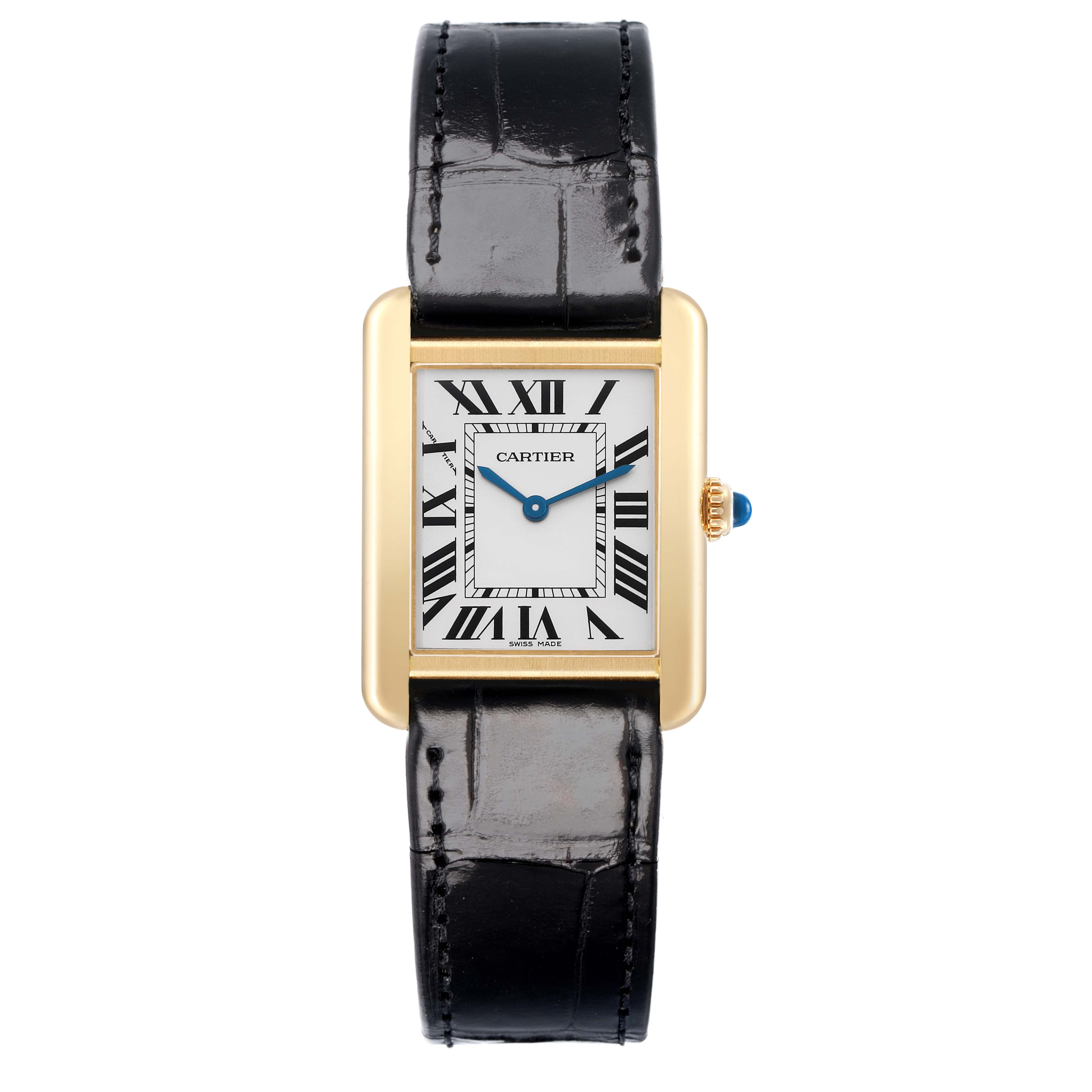The Cartier Tank Solo W5200002 Women
s Steel and Gold (two tone) Silver Dial watch is shown from a front view, displaying the face, gold case, black leather strap, and the blue cabochon crown.
