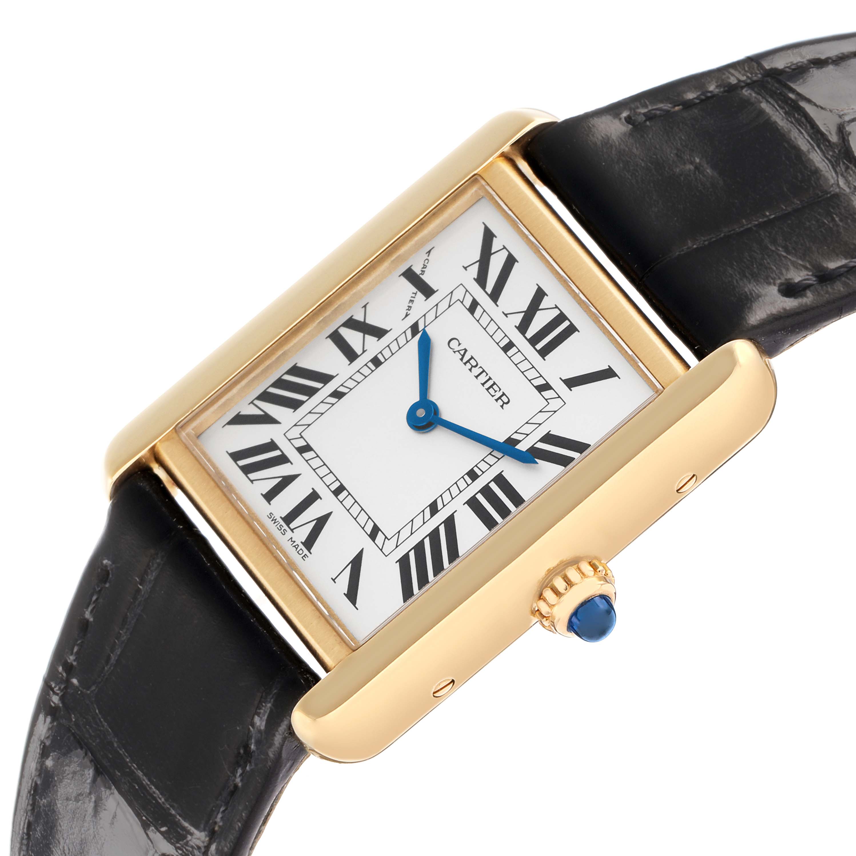 The Cartier Tank Solo W5200002 Women
s Steel and Gold (two tone) Silver Dial watch is shown at an angle highlighting its rectangular gold case, blue hands, Roman numerals, and leather strap.