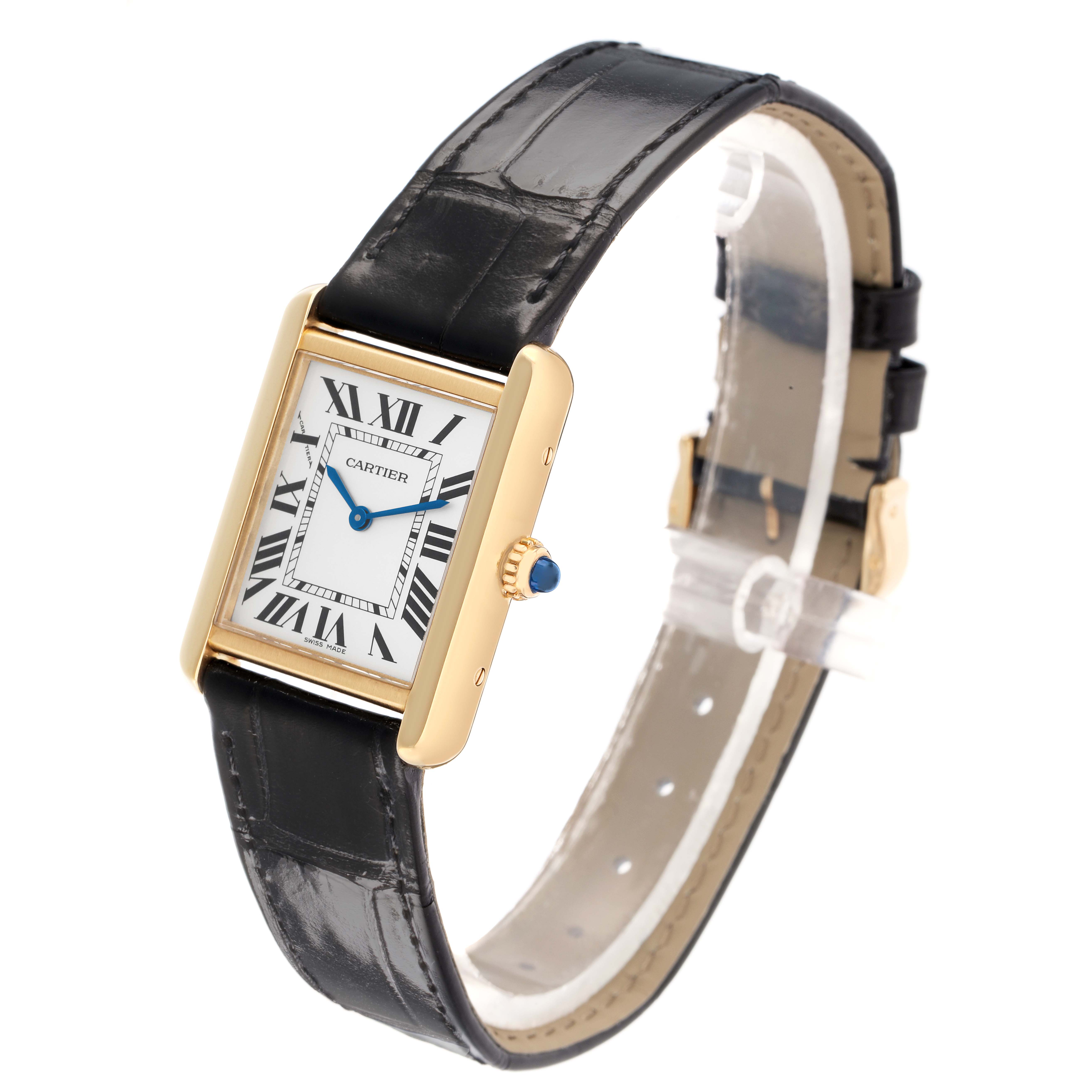 The Cartier Tank Solo W5200002 Women
s Steel and Gold (two tone) Silver Dial watch is shown at a three-quarter angle, highlighting its gold case, black leather strap, and Roman numeral dial.