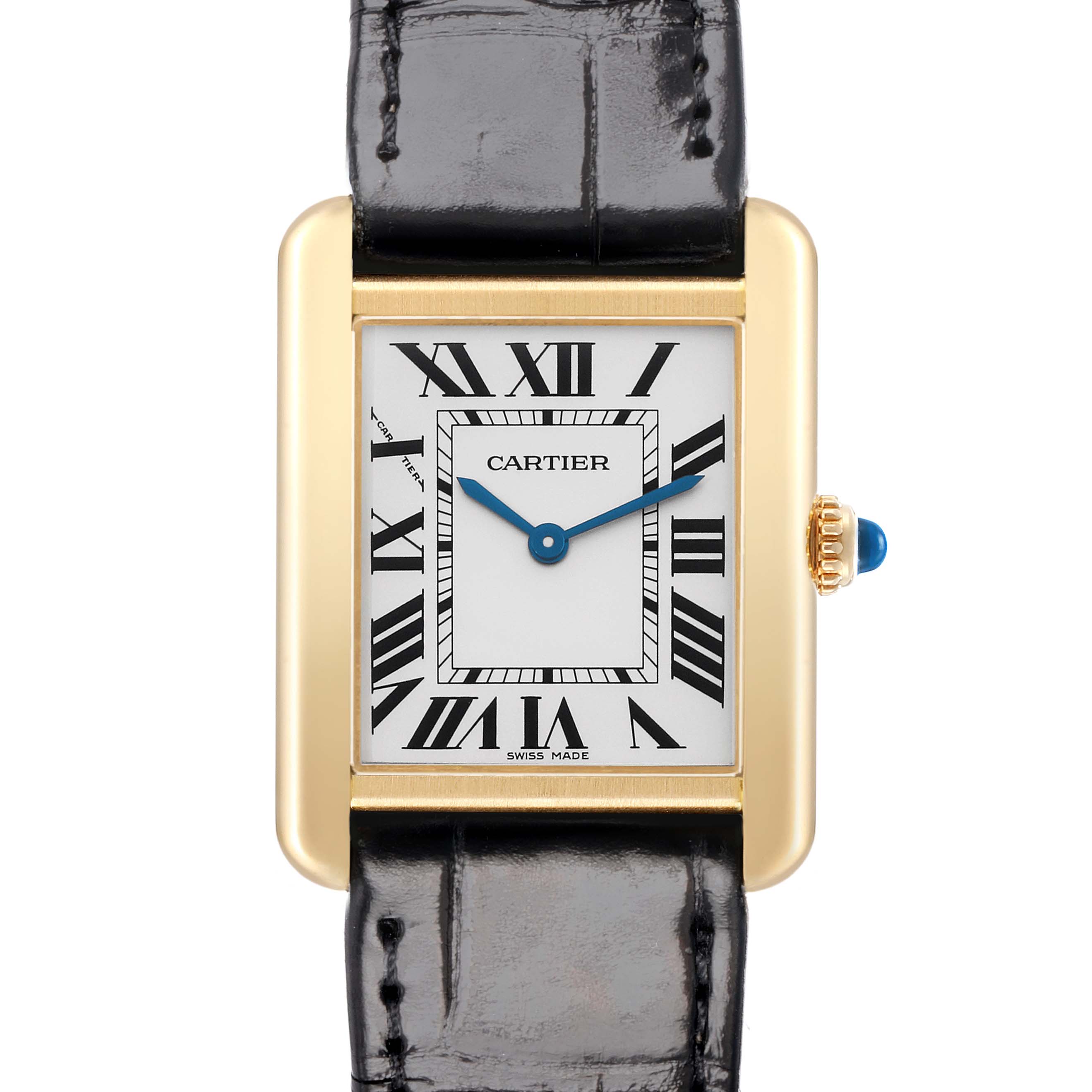 The Cartier Tank Solo W5200002 Women
s Steel and Gold (two tone) Silver Dial watch is shown from a front view, highlighting the face, Roman numerals, and blue cabochon crown.