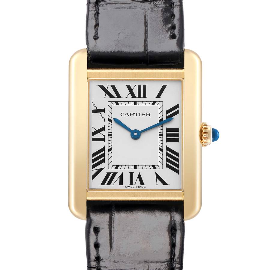 The Cartier Tank Solo W5200002 Women's Steel and Gold (two tone) Silver Dial watch is shown from a front view, highlighting the face, Roman numerals, and blue cabochon crown.
