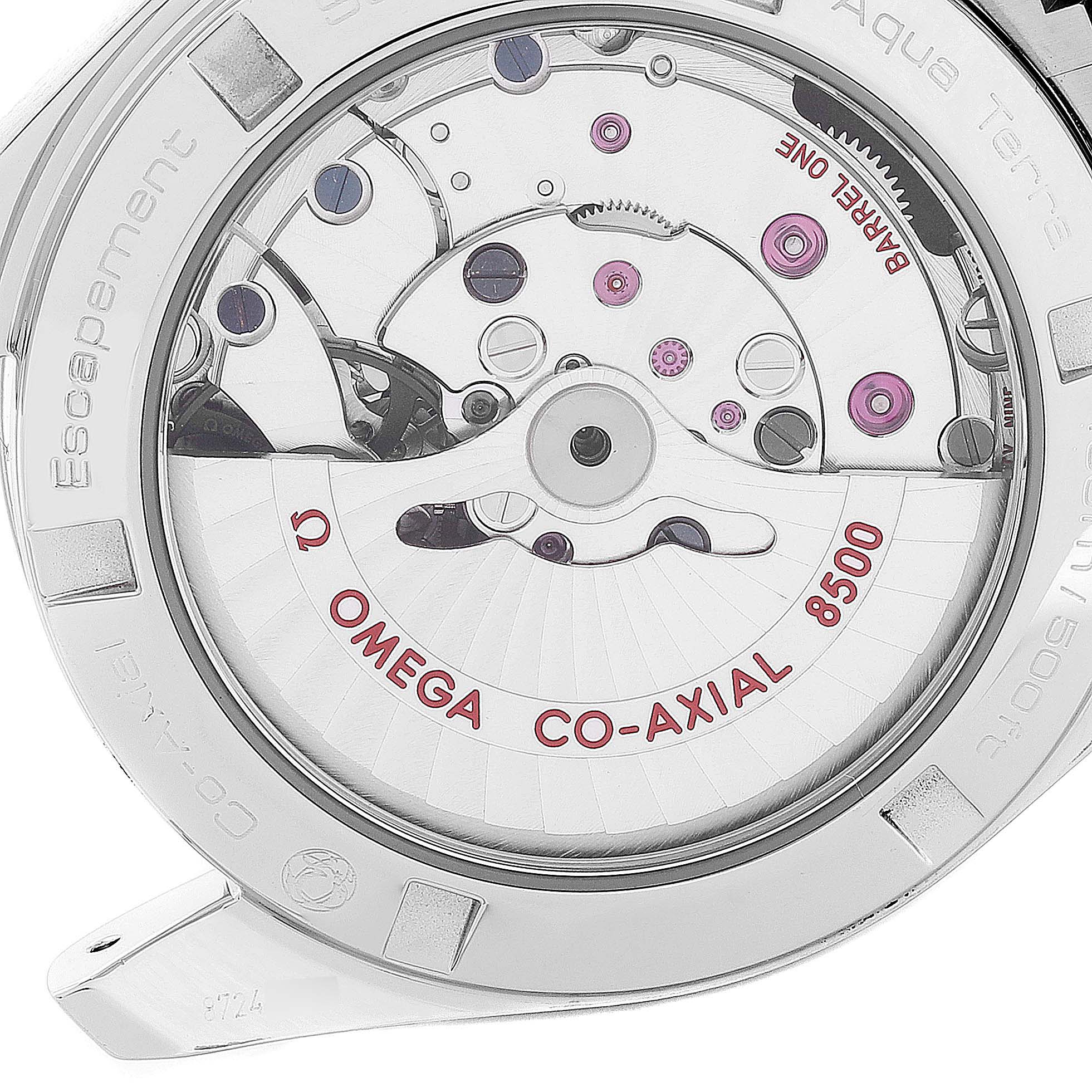 The image shows the back of the Omega Aqua Terra 231.10.39.21.01.001 Men's Stainless Steel Black Dial 231.10.39.21.01.001 Men's Stainless Steel Black Dial watch, highlighting the internal mechanical movement labeled "Omega Co-Axial 8500."