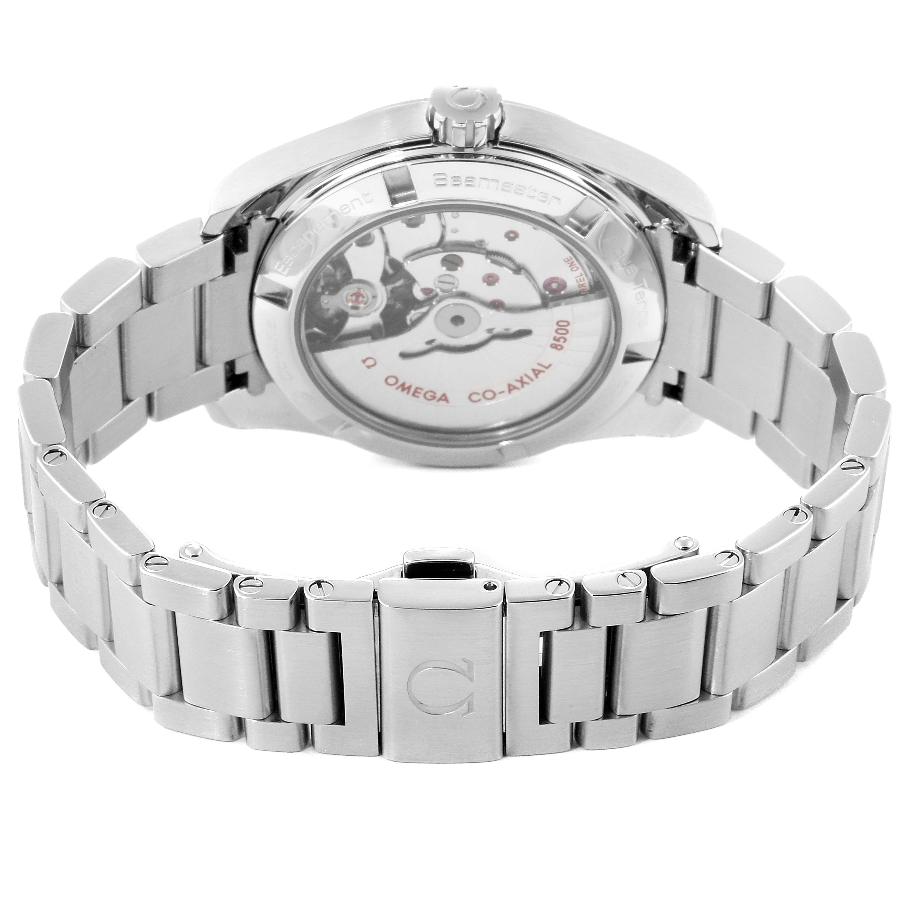 The image shows a rear view of the Omega Aqua Terra 231.10.39.21.01.001 Men's Stainless Steel Black Dial 231.10.39.21.01.001 Men's Stainless Steel Black Dial watch, focusing on the bracelet and transparent case back.