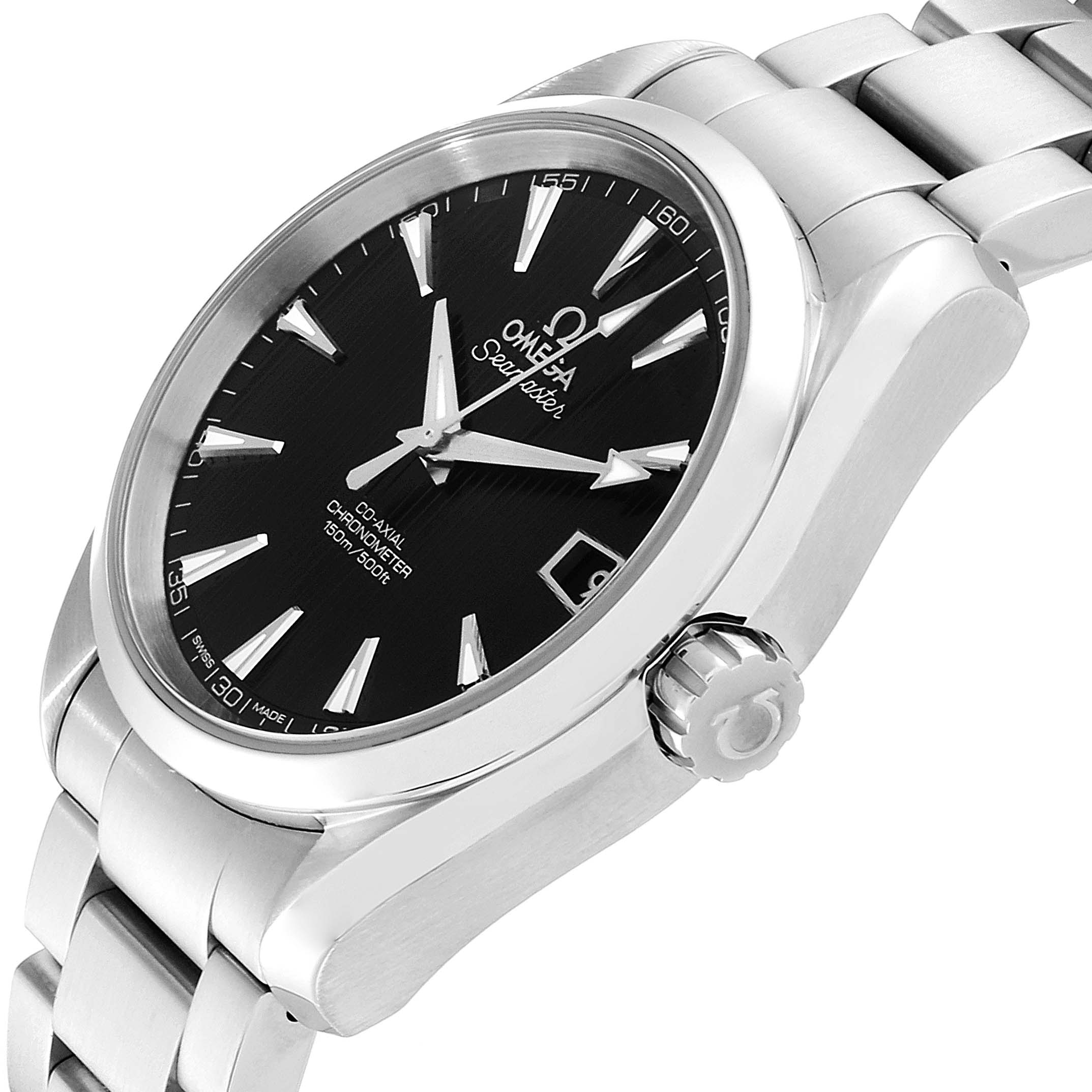 The Omega Aqua Terra 231.10.39.21.01.001 Men's Stainless Steel Black Dial 231.10.39.21.01.001 Men's Stainless Steel Black Dial watch is shown at a slight angle, displaying the dial, crown, case, and part of the bracelet.