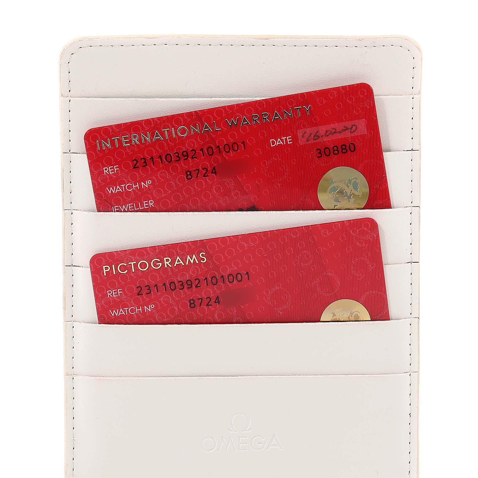 The image shows the warranty and pictogram cards for the Omega Aqua Terra 231.10.39.21.01.001 Men's Stainless Steel Black Dial 231.10.39.21.01.001 Men's Stainless Steel Black Dial model, placed in a white cardholder.