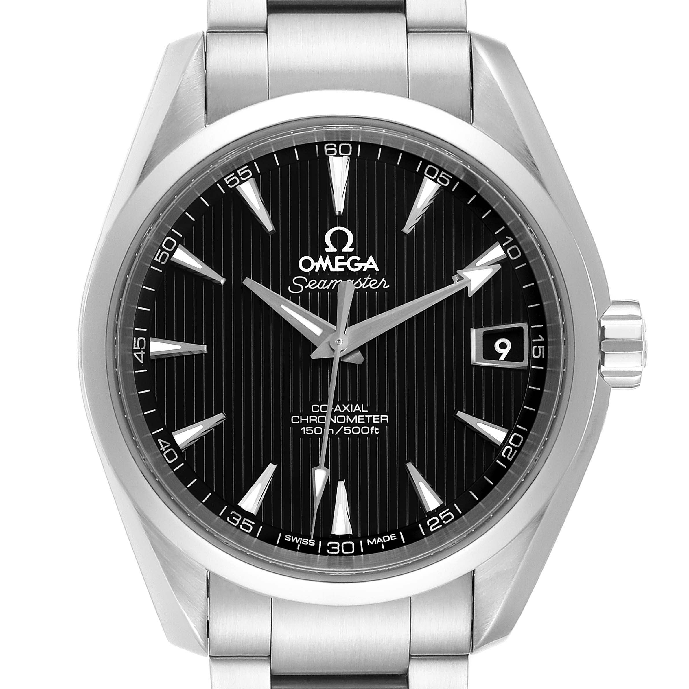 The image shows the front view of the Omega Aqua Terra 231.10.39.21.01.001 Men's Stainless Steel Black Dial 231.10.39.21.01.001 Men's Stainless Steel Black Dial watch, highlighting its black dial, date window, and stainless steel bracelet.