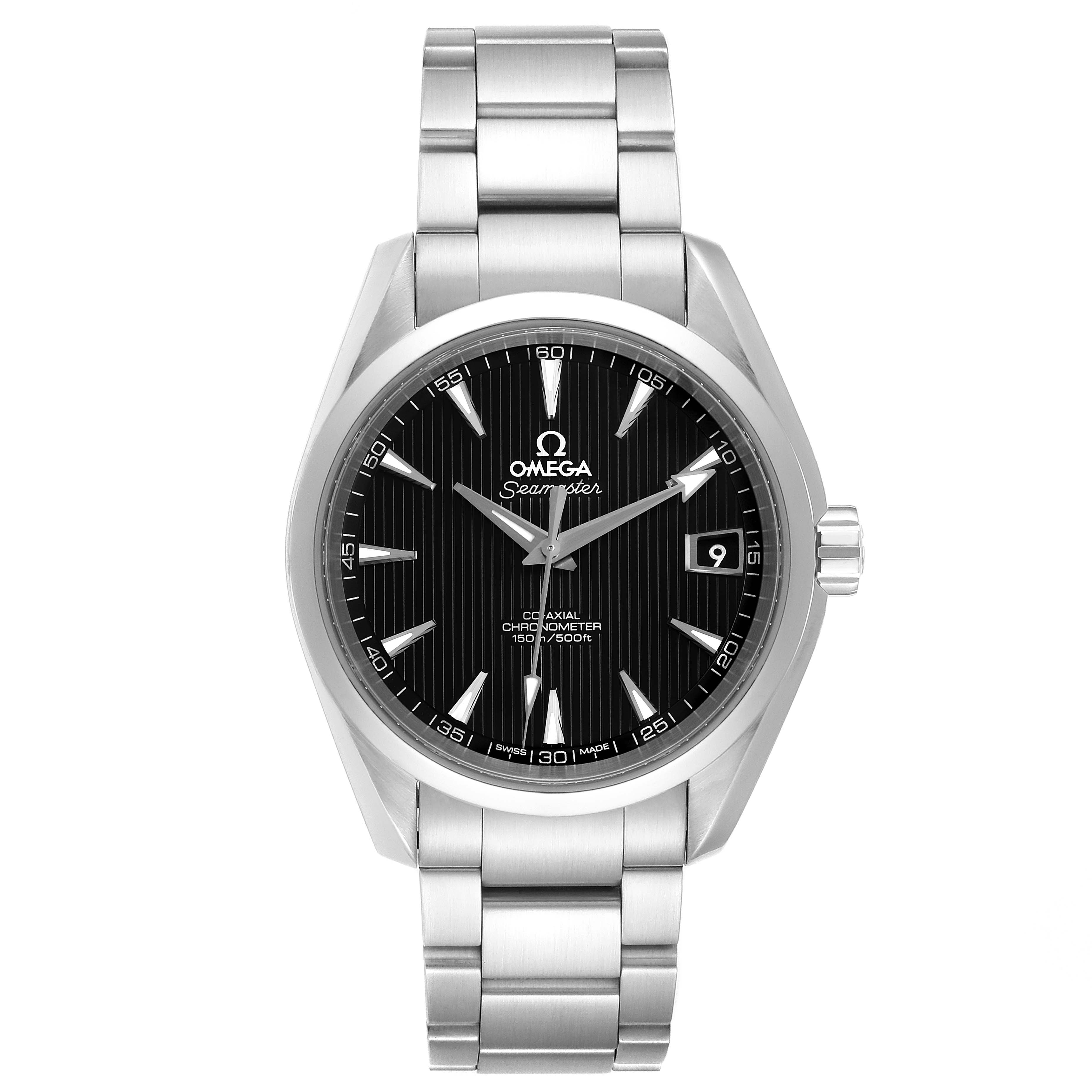 The image shows a frontal view of the Omega Aqua Terra 231.10.39.21.01.001 Men's Stainless Steel Black Dial 231.10.39.21.01.001 Men's Stainless Steel Black Dial watch, displaying its face and stainless steel bracelet.