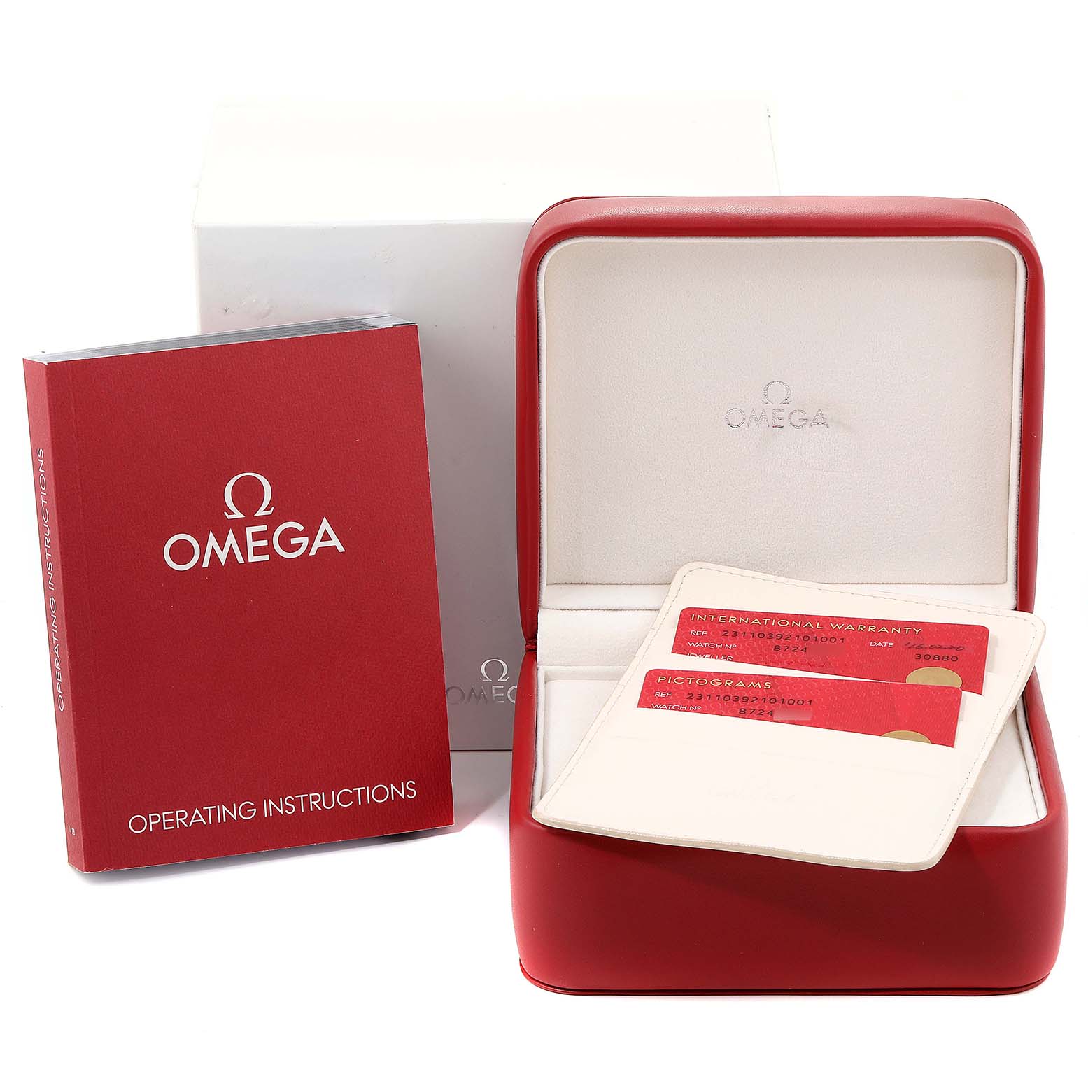 The image shows the Omega Aqua Terra 231.10.39.21.01.001 Men's Stainless Steel Black Dial 231.10.39.21.01.001 Men's Stainless Steel Black Dial watch box, warranty cards, and operating instructions from a slightly overhead angle.