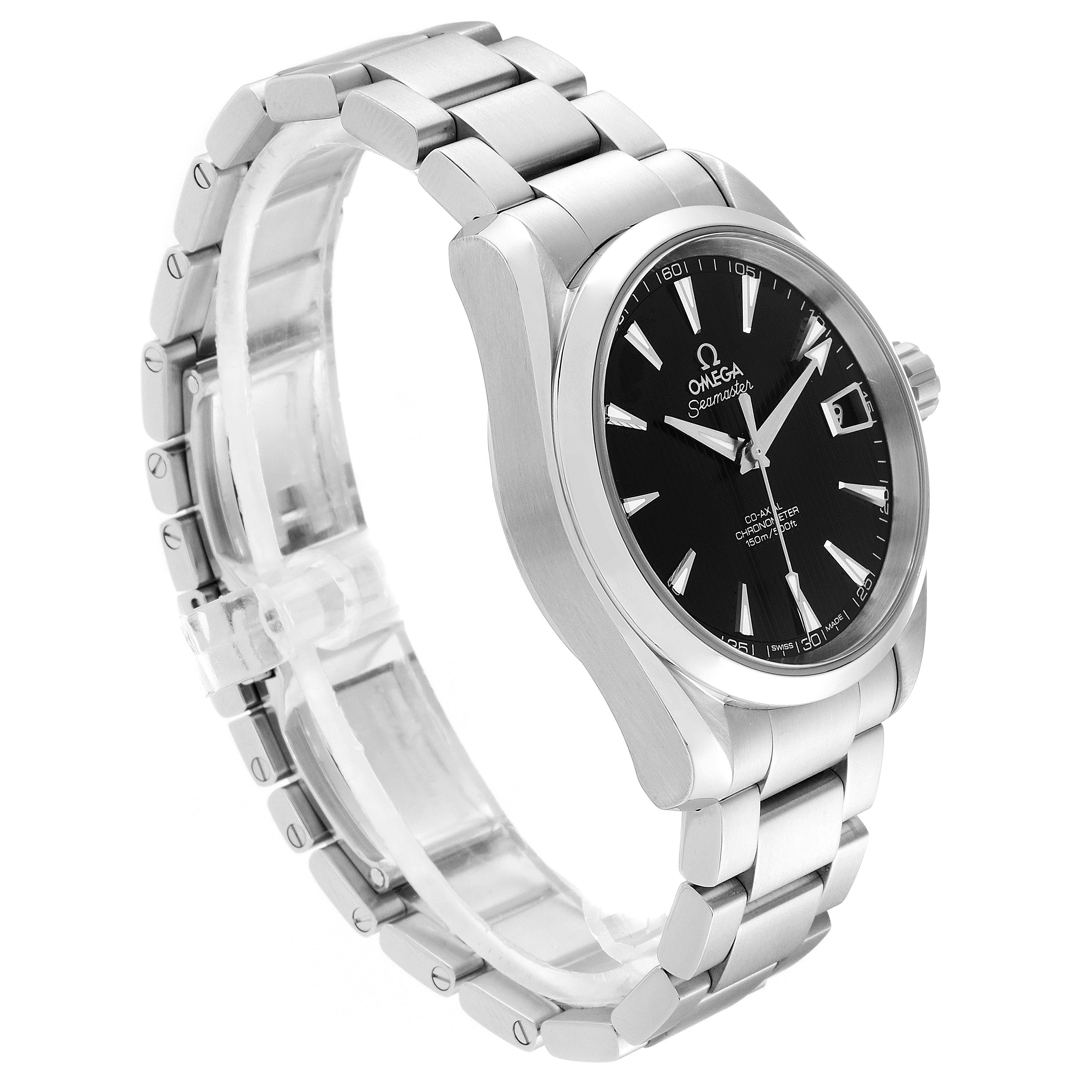 The image shows the Omega Aqua Terra 231.10.39.21.01.001 Men's Stainless Steel Black Dial 231.10.39.21.01.001 Men's Stainless Steel Black Dial watch at a 3/4 angle, highlighting its black dial, bracelet, and case.