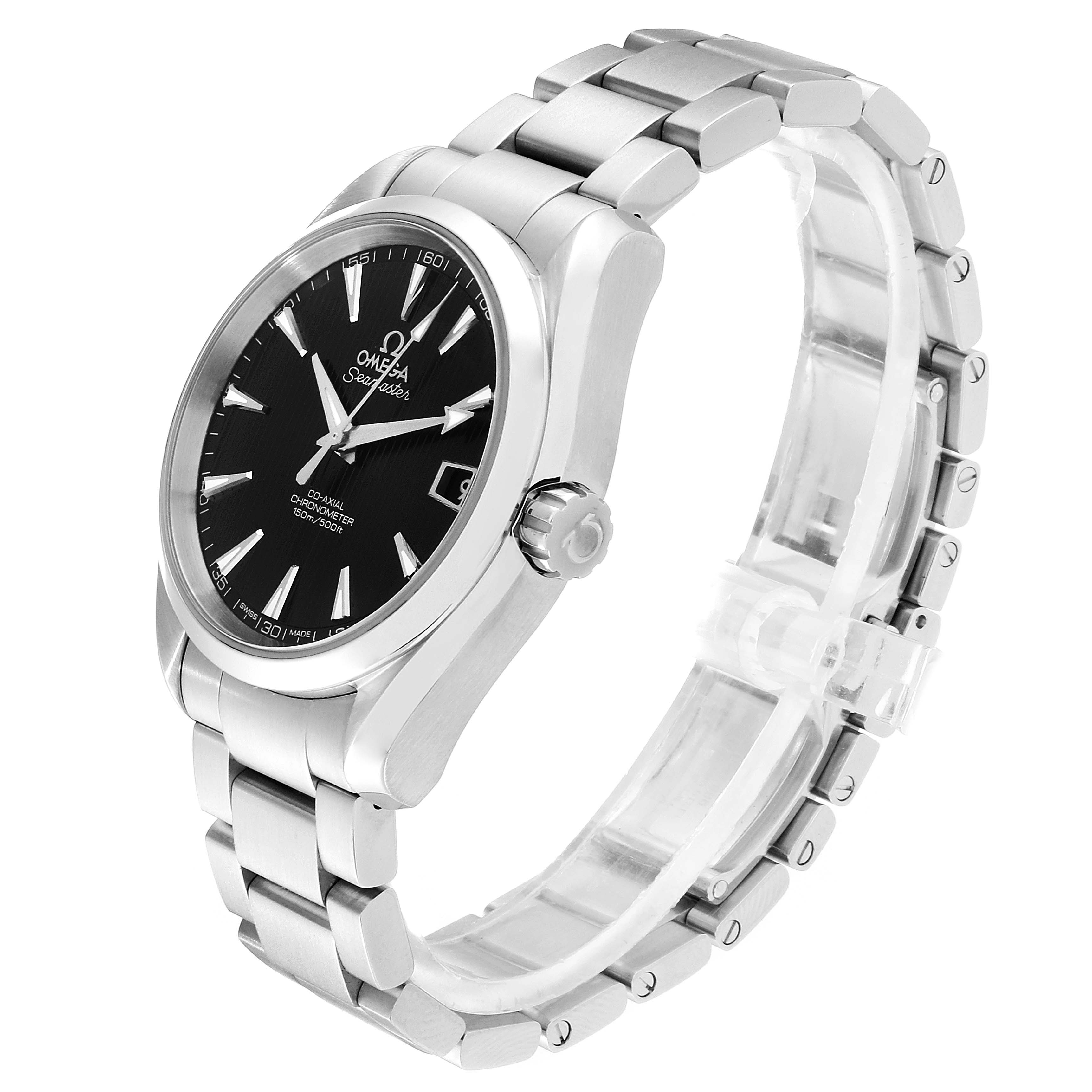 The image shows an Omega Aqua Terra 231.10.39.21.01.001 Men's Stainless Steel Black Dial 231.10.39.21.01.001 Men's Stainless Steel Black Dial watch at a three-quarter angle, highlighting the face, crown, and metal bracelet.