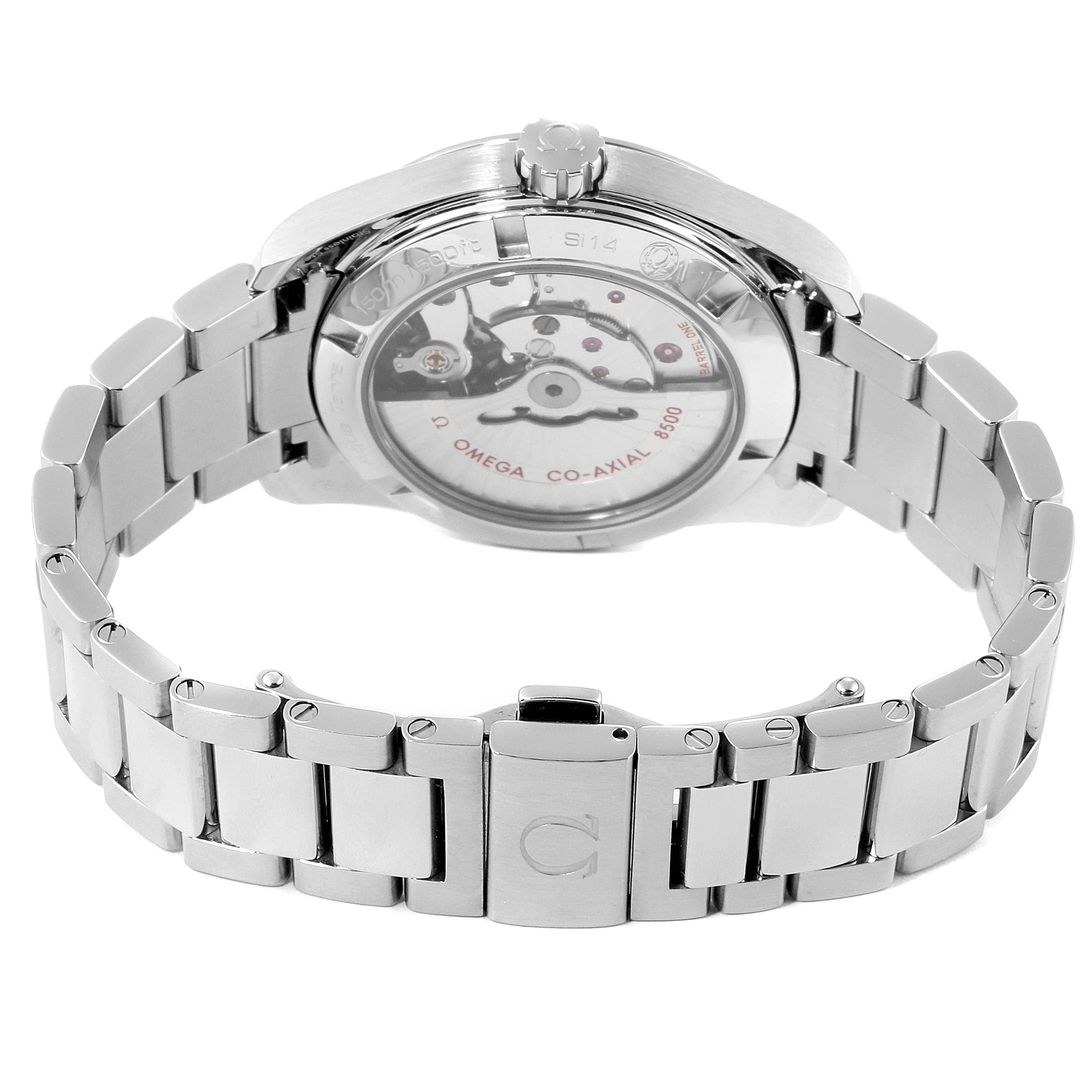 This image shows the back and bracelet of the Omega Aqua Terra 231.10.39.21.03.002 Men
s Stainless Steel Blue Dial 231.10.39.21.03.002 Men
s Stainless Steel Blue Dial watch, highlighting the transparent case back and co-axial movement.