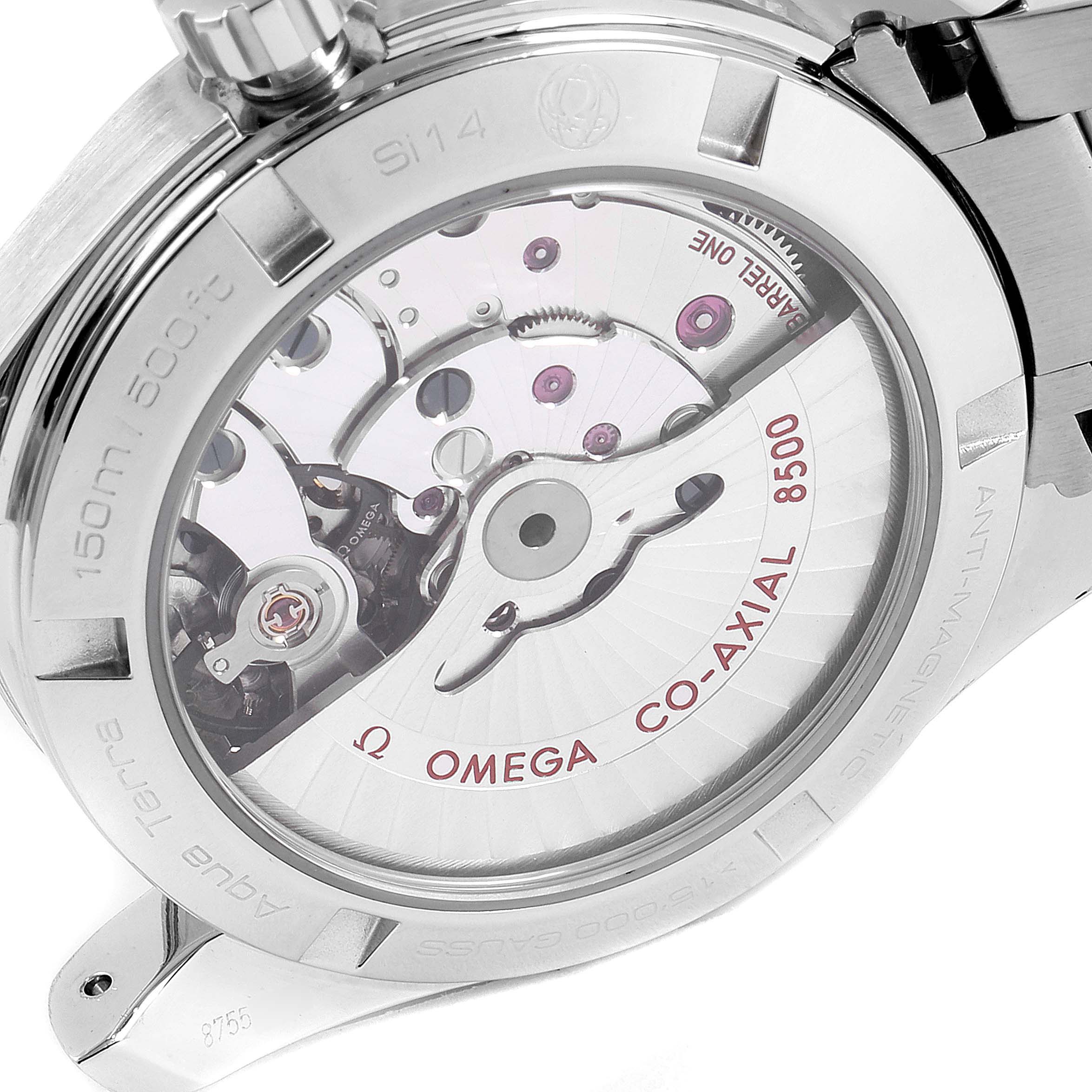 The image shows the backside of the Omega Aqua Terra 231.10.39.21.03.002 Men
s Stainless Steel Blue Dial 231.10.39.21.03.002 Men
s Stainless Steel Blue Dial watch, highlighting its Co-Axial movement and intricate mechanical components.