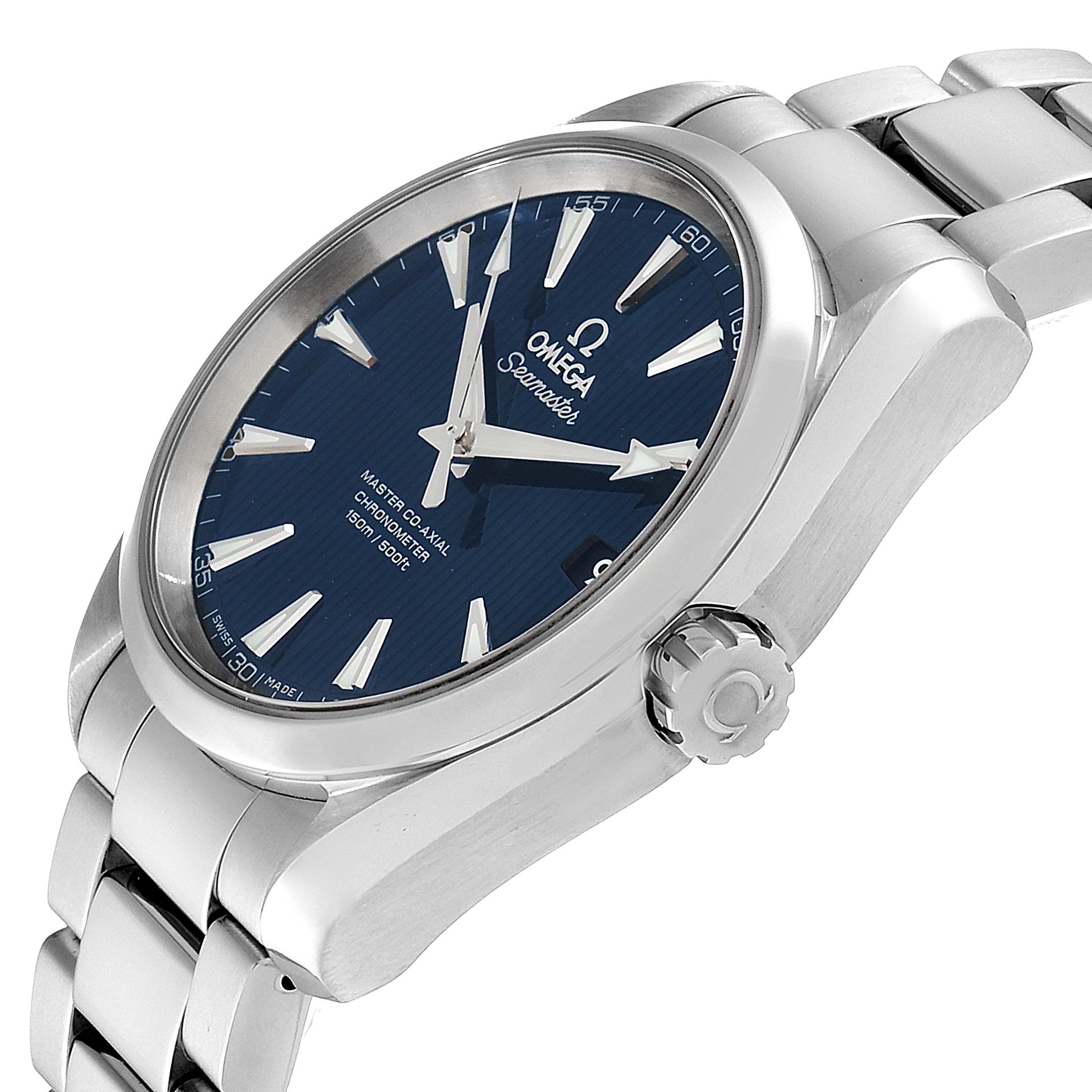The image shows a side angle of the Omega Aqua Terra 231.10.39.21.03.002 Men
s Stainless Steel Blue Dial 231.10.39.21.03.002 Men
s Stainless Steel Blue Dial watch, highlighting the dial, crown, and a portion of the metal bracelet.