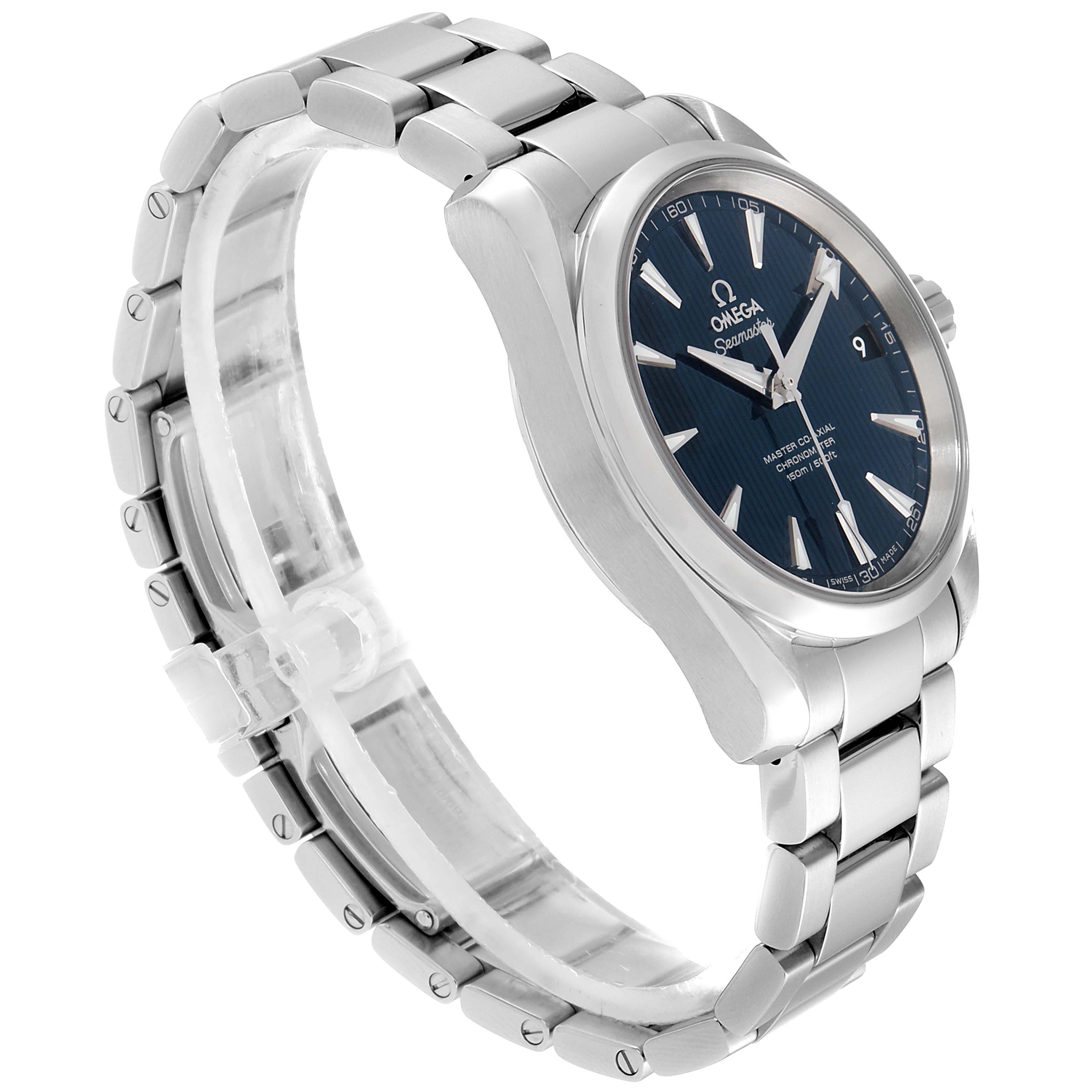 This image shows an Omega Aqua Terra 231.10.39.21.03.002 Men
s Stainless Steel Blue Dial 231.10.39.21.03.002 Men
s Stainless Steel Blue Dial watch at a three-quarter angle, displaying the side profile and bracelet.