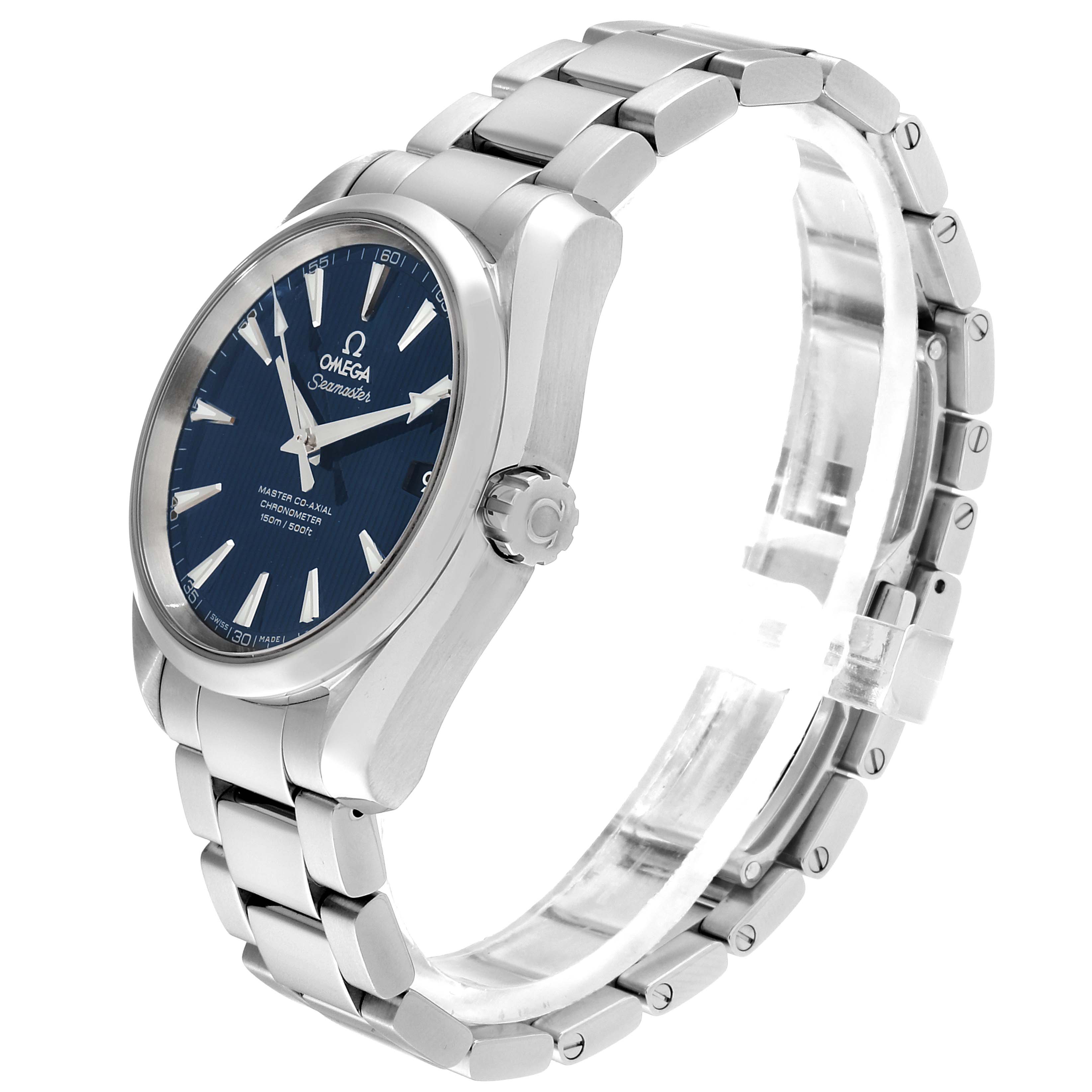 The Omega Aqua Terra 231.10.39.21.03.002 Men
s Stainless Steel Blue Dial 231.10.39.21.03.002 Men
s Stainless Steel Blue Dial watch is shown at an angled side view, featuring the dial, crown, and stainless steel bracelet.
