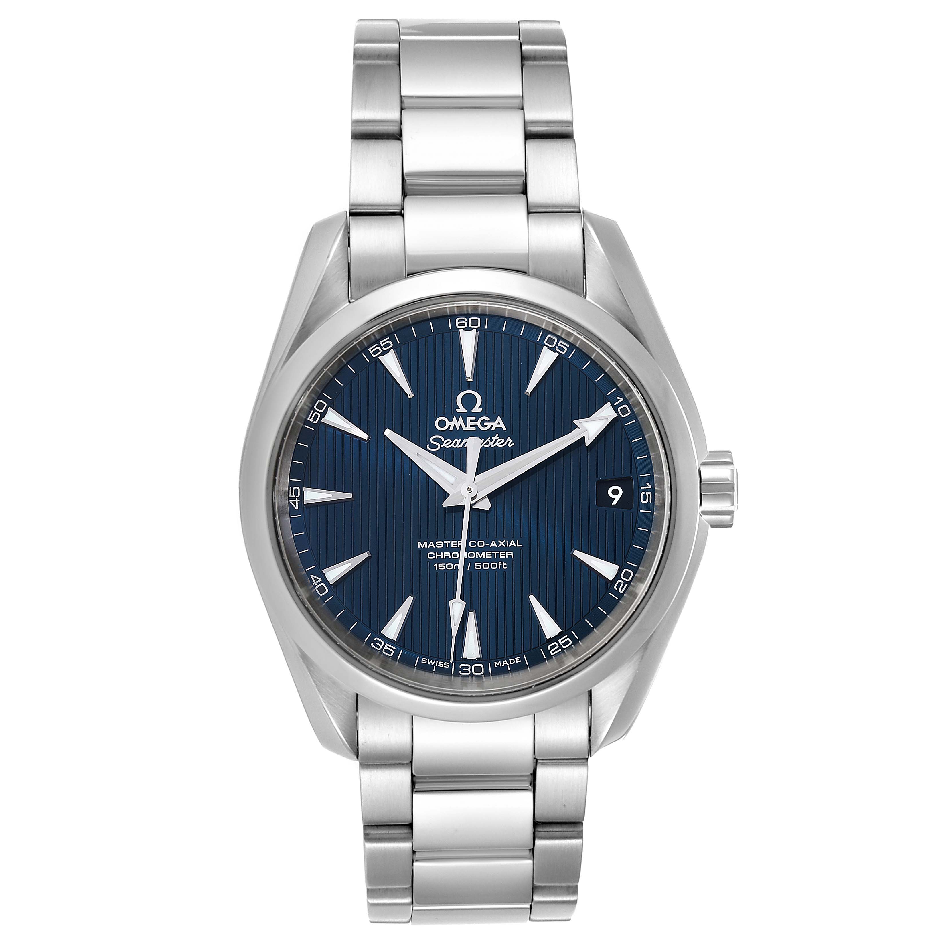 The Omega Aqua Terra 231.10.39.21.03.002 Men
s Stainless Steel Blue Dial 231.10.39.21.03.002 Men
s Stainless Steel Blue Dial watch is shown from a front view, displaying the face, hands, dial, and bracelet.