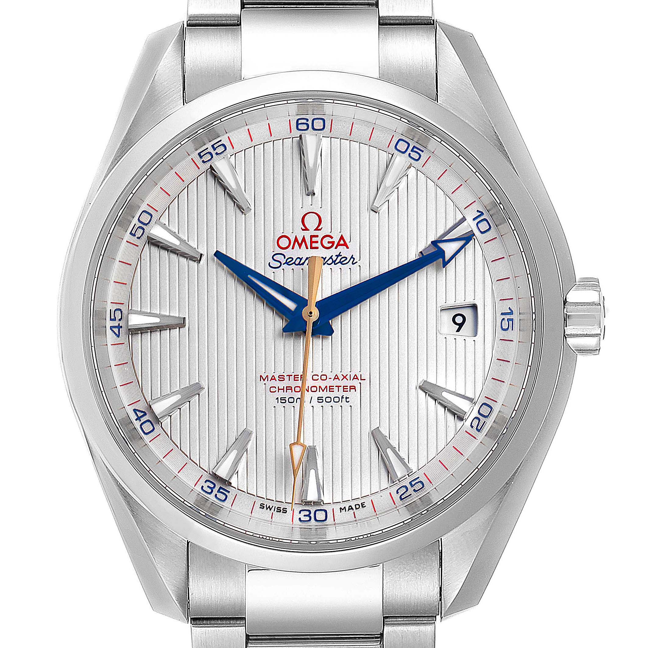 The image shows a front view of the Omega Aqua Terra 231.10.42.21.02.004 Men
s Stainless Steel Silver Dial 231.10.42.21.02.004 Men
s Stainless Steel Silver Dial watch, highlighting the dial, hands, date window, and bracelet.