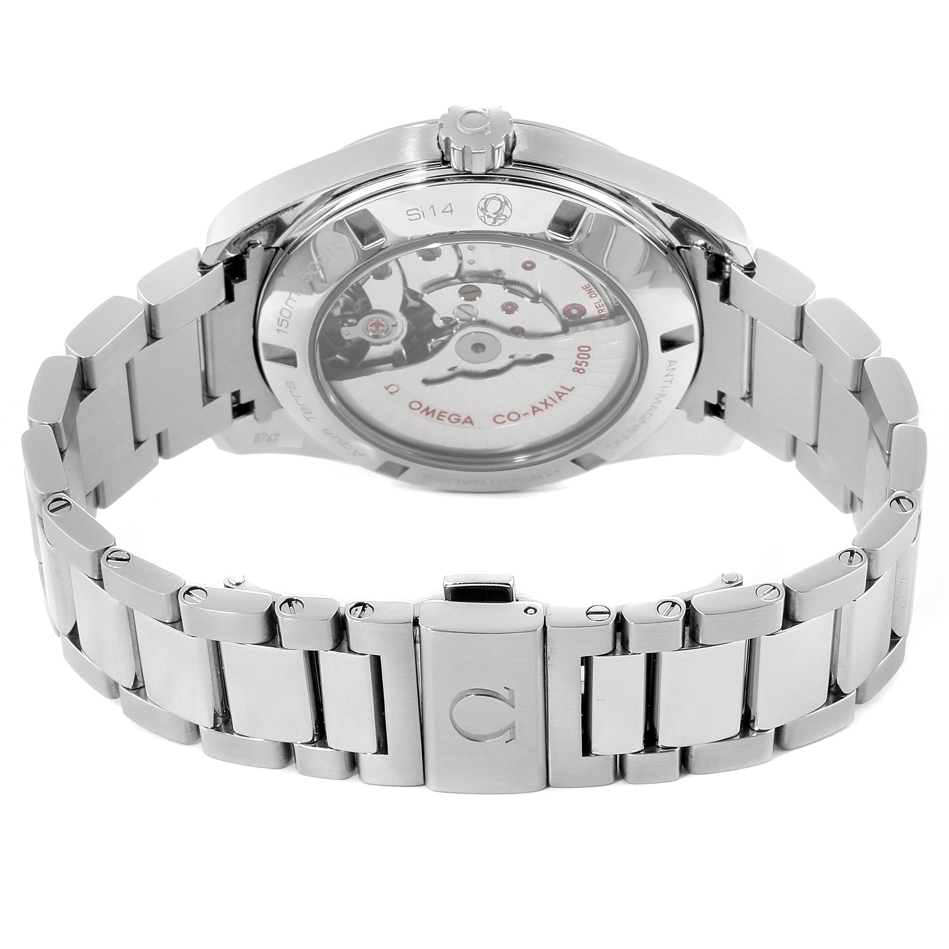 This image shows the back view of the Omega Aqua Terra 231.10.42.21.02.004 Men
s Stainless Steel Silver Dial 231.10.42.21.02.004 Men
s Stainless Steel Silver Dial watch, highlighting its bracelet and transparent case back.