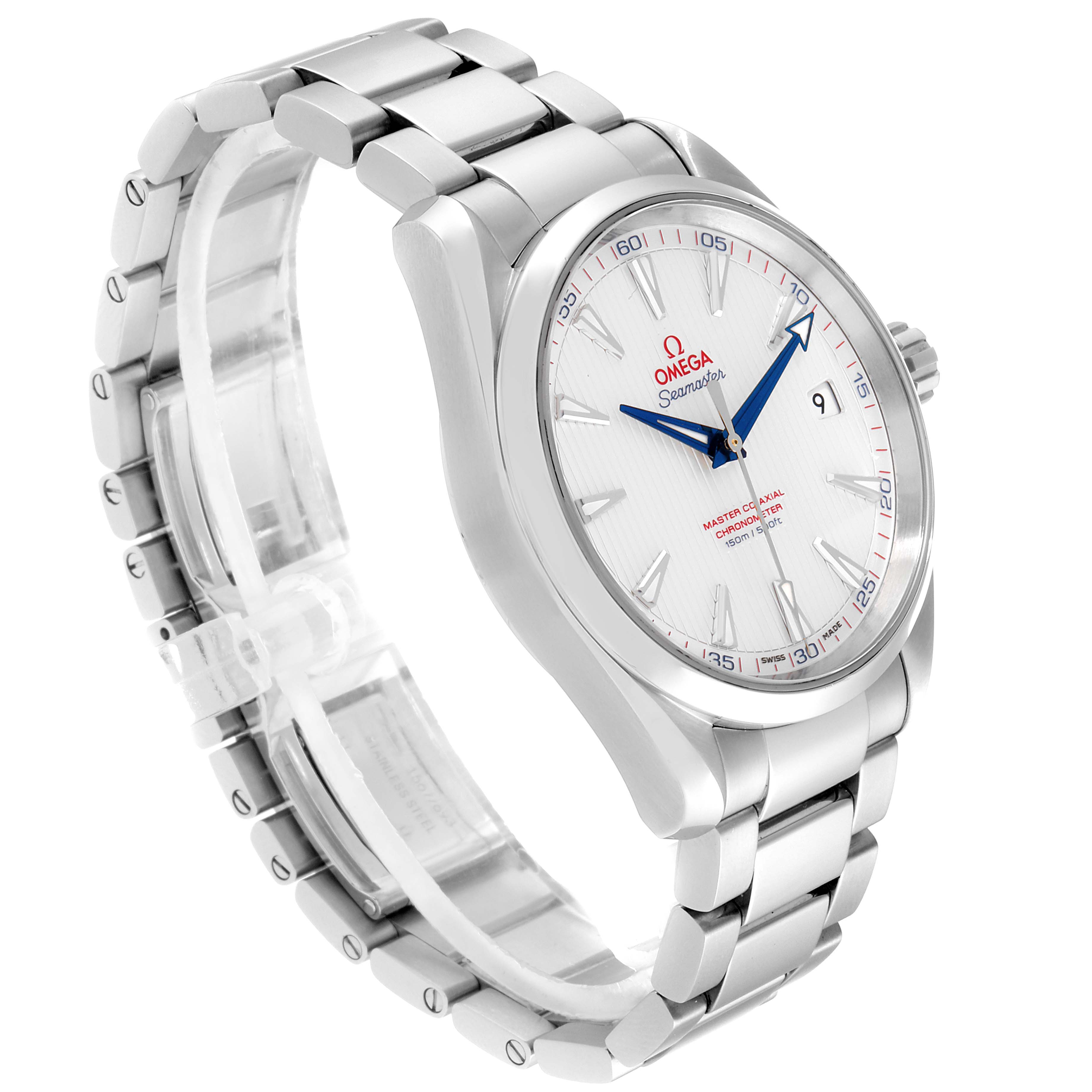 The image shows an angled view of the Omega Aqua Terra 231.10.42.21.02.004 Men
s Stainless Steel Silver Dial 231.10.42.21.02.004 Men
s Stainless Steel Silver Dial model watch, showcasing its dial, crown, and stainless steel bracelet.