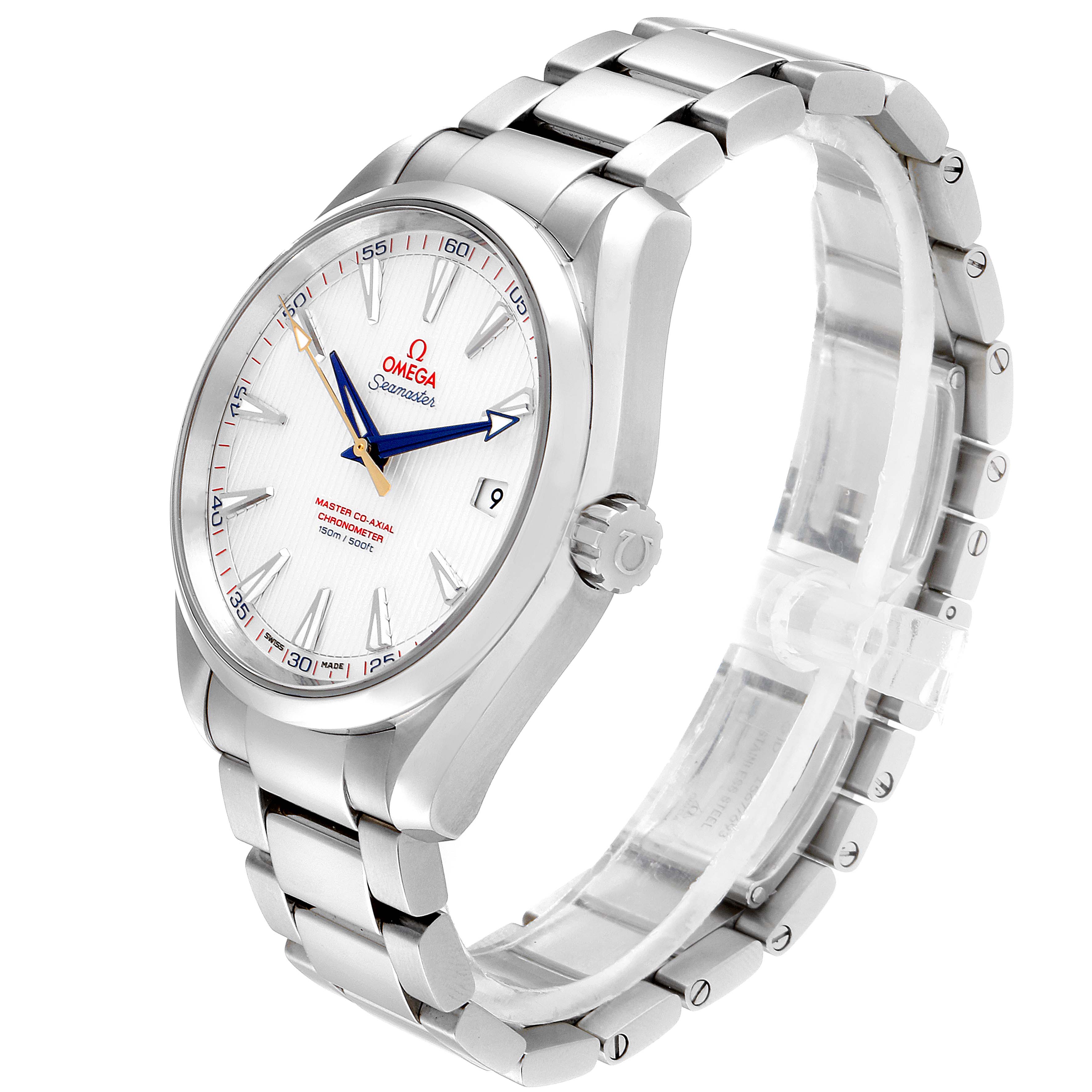 The image shows a side angle of the Omega Aqua Terra 231.10.42.21.02.004 Men
s Stainless Steel Silver Dial 231.10.42.21.02.004 Men
s Stainless Steel Silver Dial watch, highlighting the face, crown, and metal bracelet.