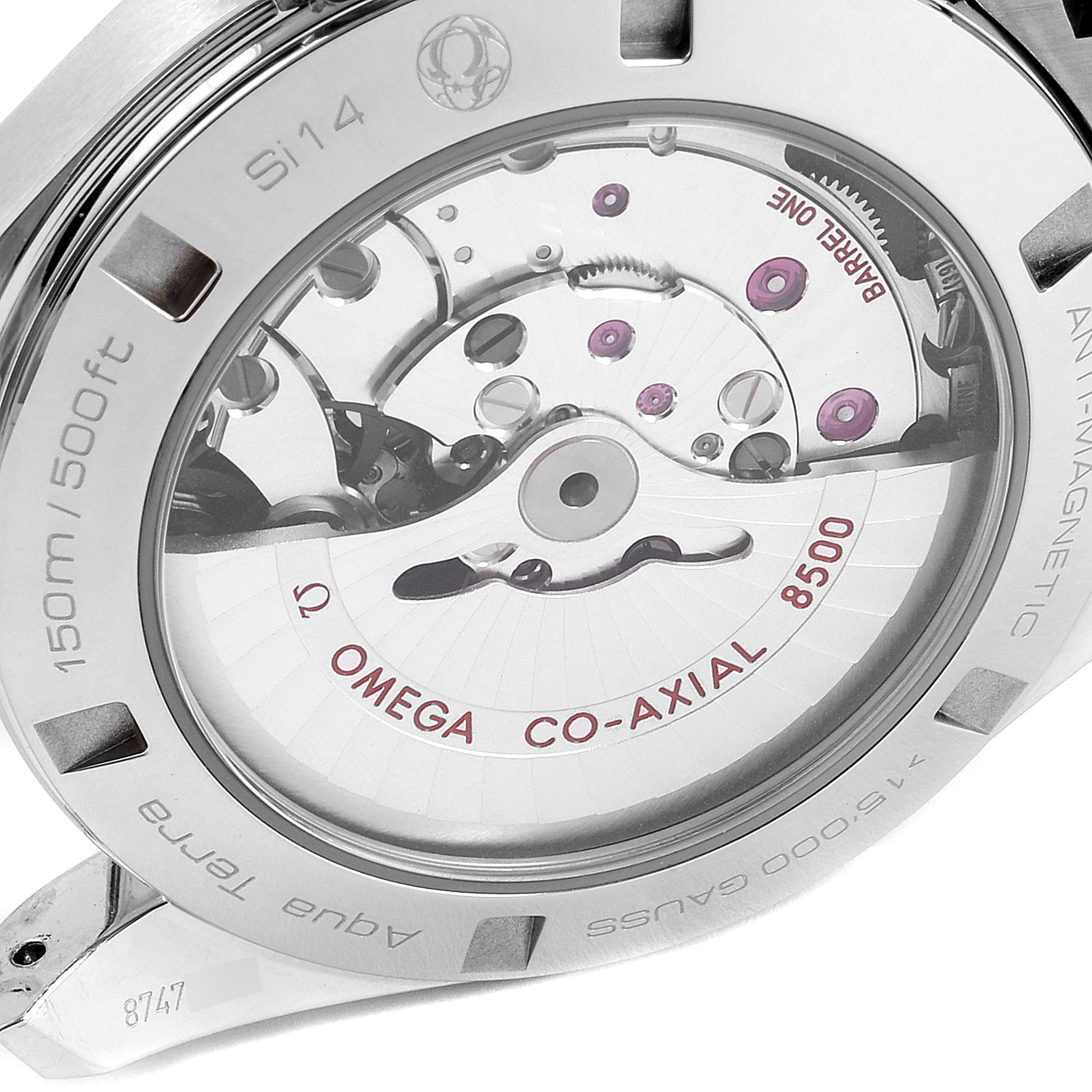 The image shows the back view of the Omega Aqua Terra 231.10.42.21.02.004 Men
s Stainless Steel Silver Dial 231.10.42.21.02.004 Men
s Stainless Steel Silver Dial watch, featuring its Co-Axial 8500 movement and anti-magnetic properties.