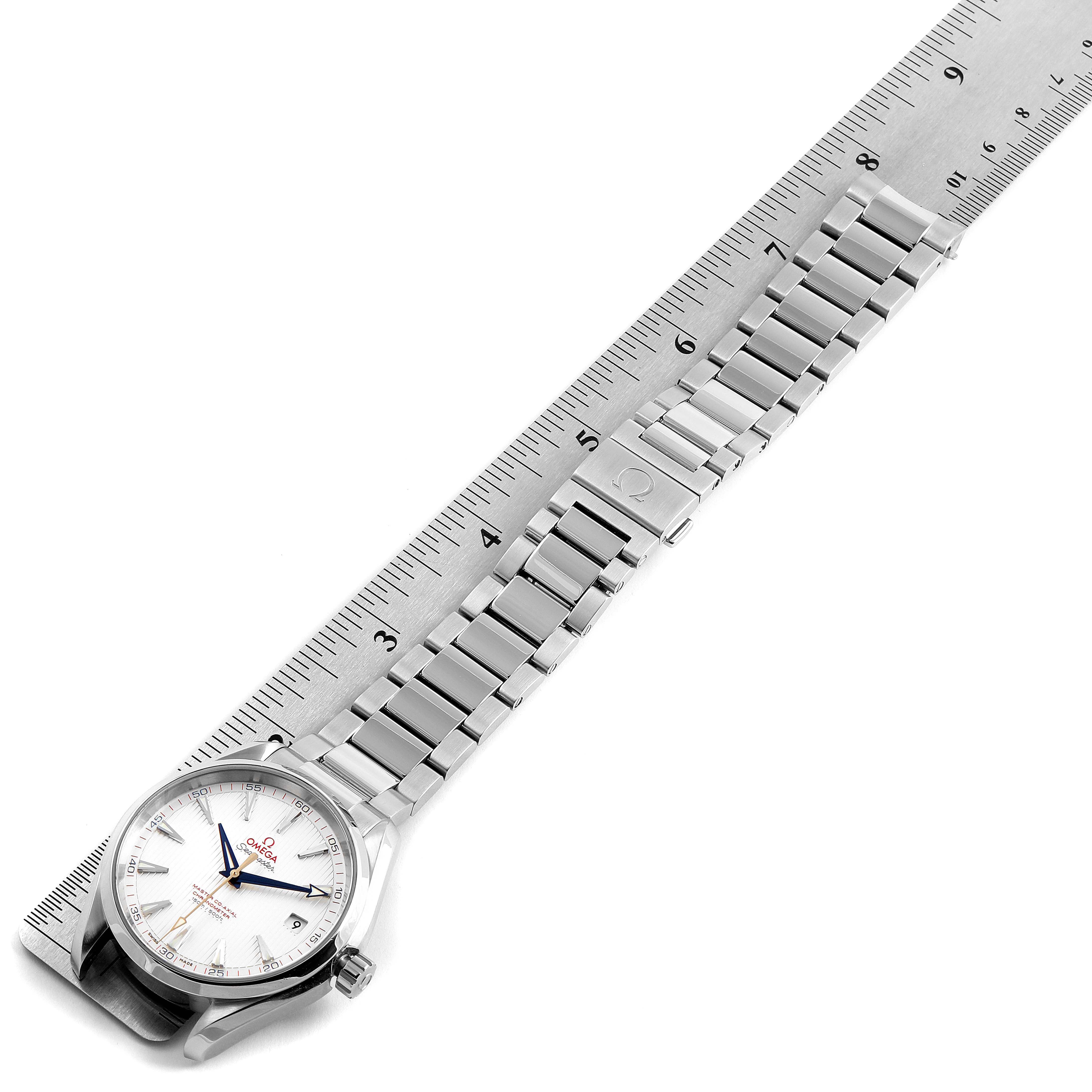 The image shows an Omega Aqua Terra 231.10.42.21.02.004 Men
s Stainless Steel Silver Dial 231.10.42.21.02.004 Men
s Stainless Steel Silver Dial watch lying flat, displaying the face, bracelet, and clasp alongside a ruler for scale.