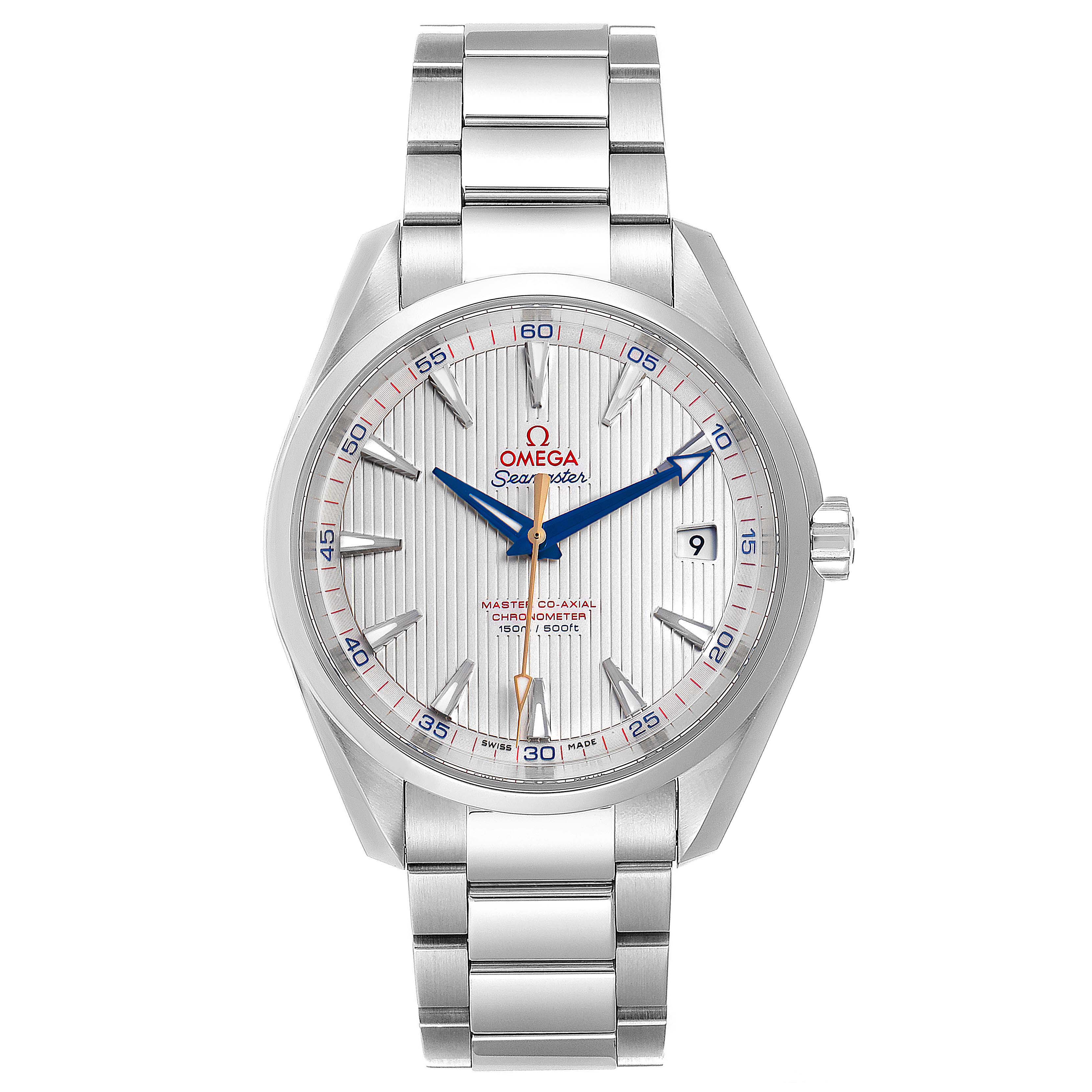 The image shows a front view of the Omega Aqua Terra 231.10.42.21.02.004 Men
s Stainless Steel Silver Dial 231.10.42.21.02.004 Men
s Stainless Steel Silver Dial watch, highlighting its dial, hands, and stainless steel bracelet.