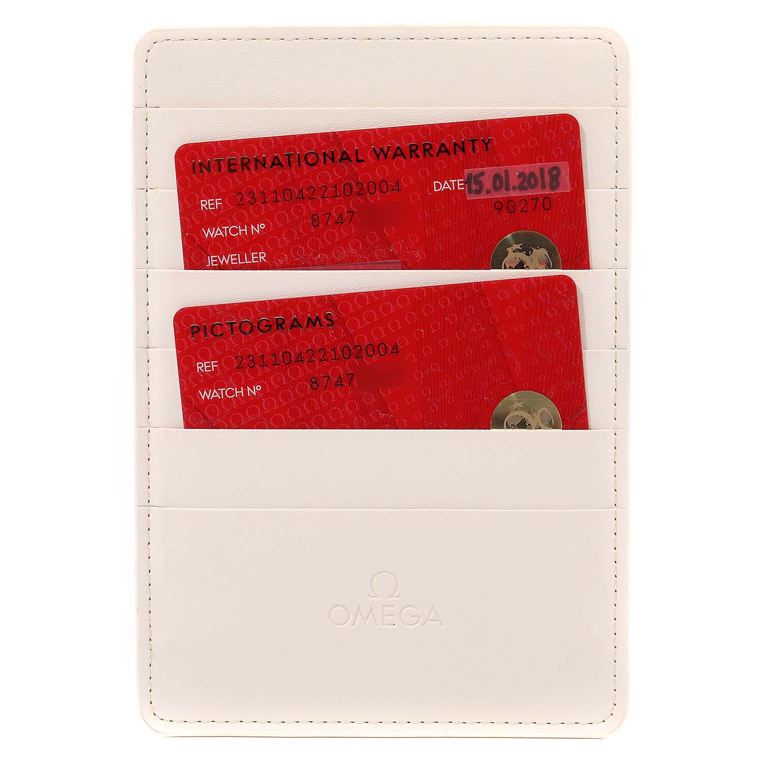 The image shows Omega Aqua Terra 231.10.42.21.02.004 Men
s Stainless Steel Silver Dial 231.10.42.21.02.004 Men
s Stainless Steel Silver Dial watch accessories, specifically two red warranty cards in a white Omega-branded card holder.