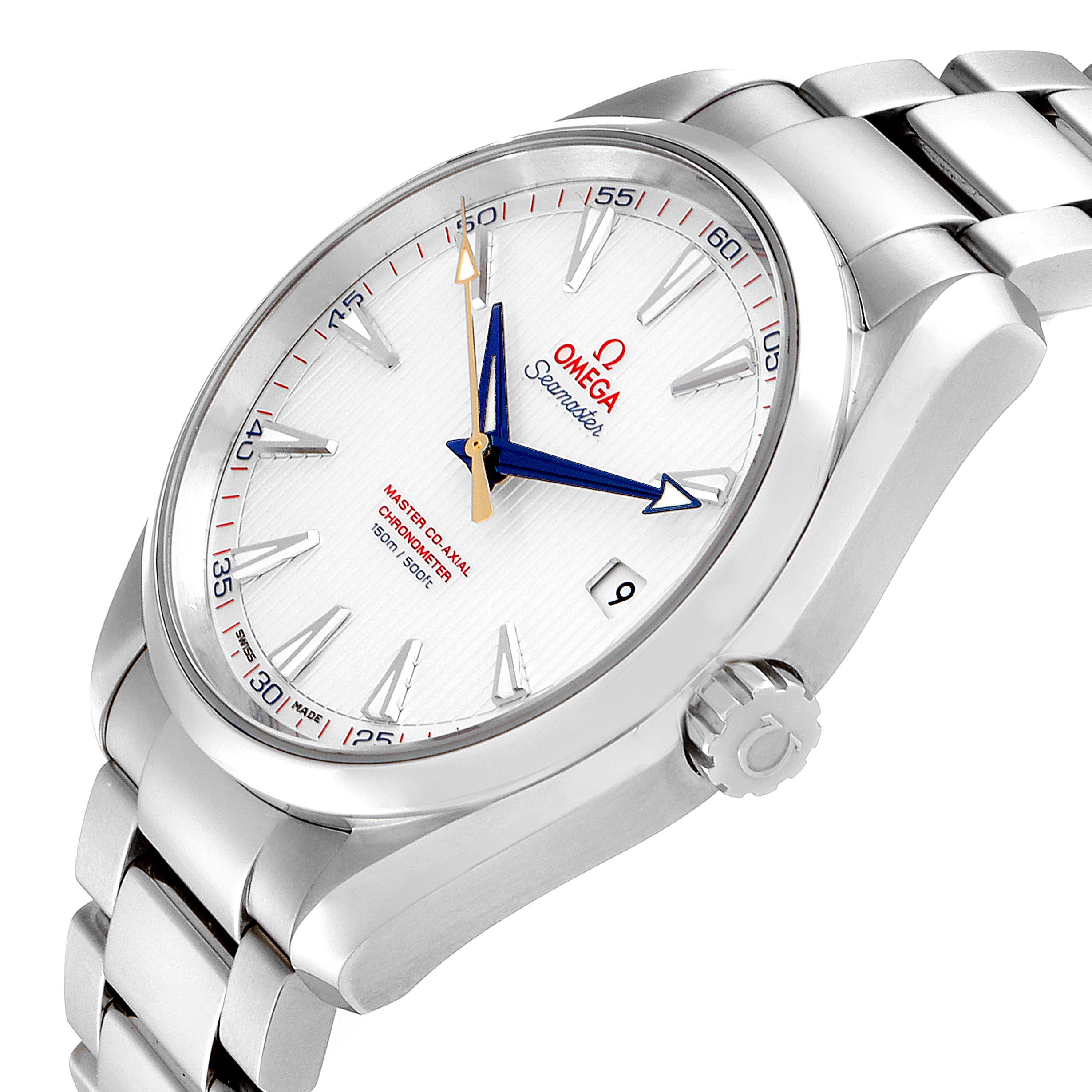 The image shows a three-quarter angle view of the Omega Aqua Terra 231.10.42.21.02.004 Men
s Stainless Steel Silver Dial 231.10.42.21.02.004 Men
s Stainless Steel Silver Dial watch, featuring its dial, crown, bracelet, and part of the case.