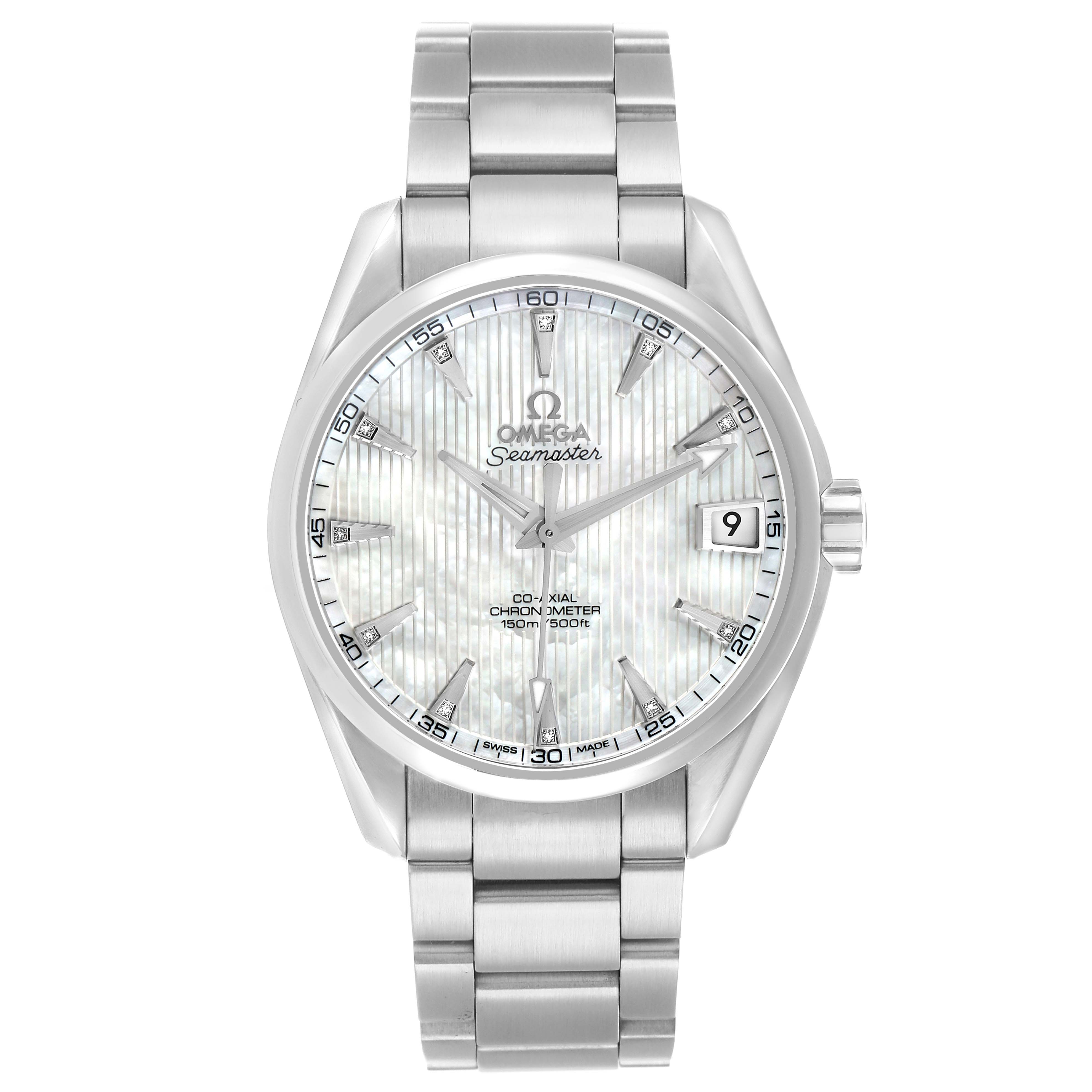 The Omega Aqua Terra 231.10.392.21.55.001 Men
s Stainless Steel Mother of Pearl Dial watch is shown from a front angle, highlighting the dial, bezel, bracelet, and crown.