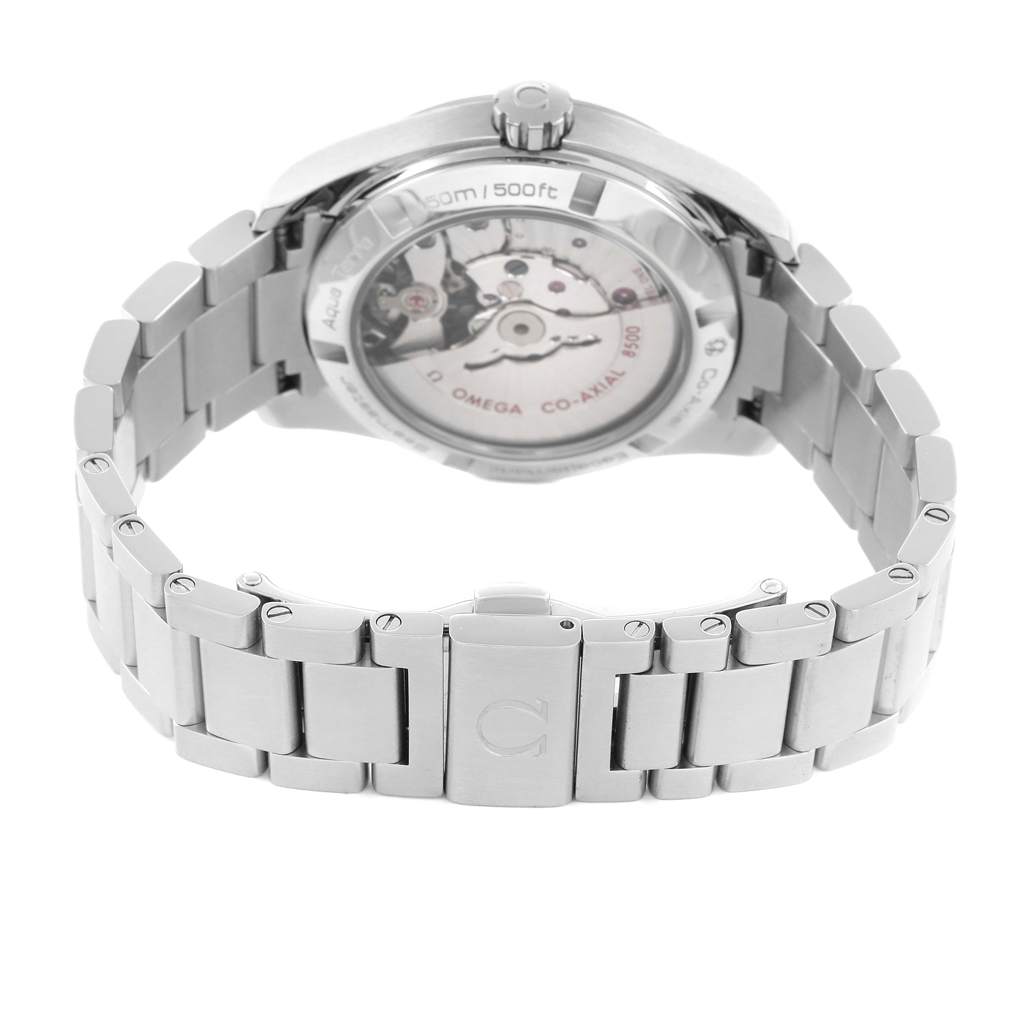 The Omega Aqua Terra 231.10.392.21.55.001 Men
s Stainless Steel Mother of Pearl Dial watch is shown from the back angle, highlighting the transparent case back and metal bracelet.