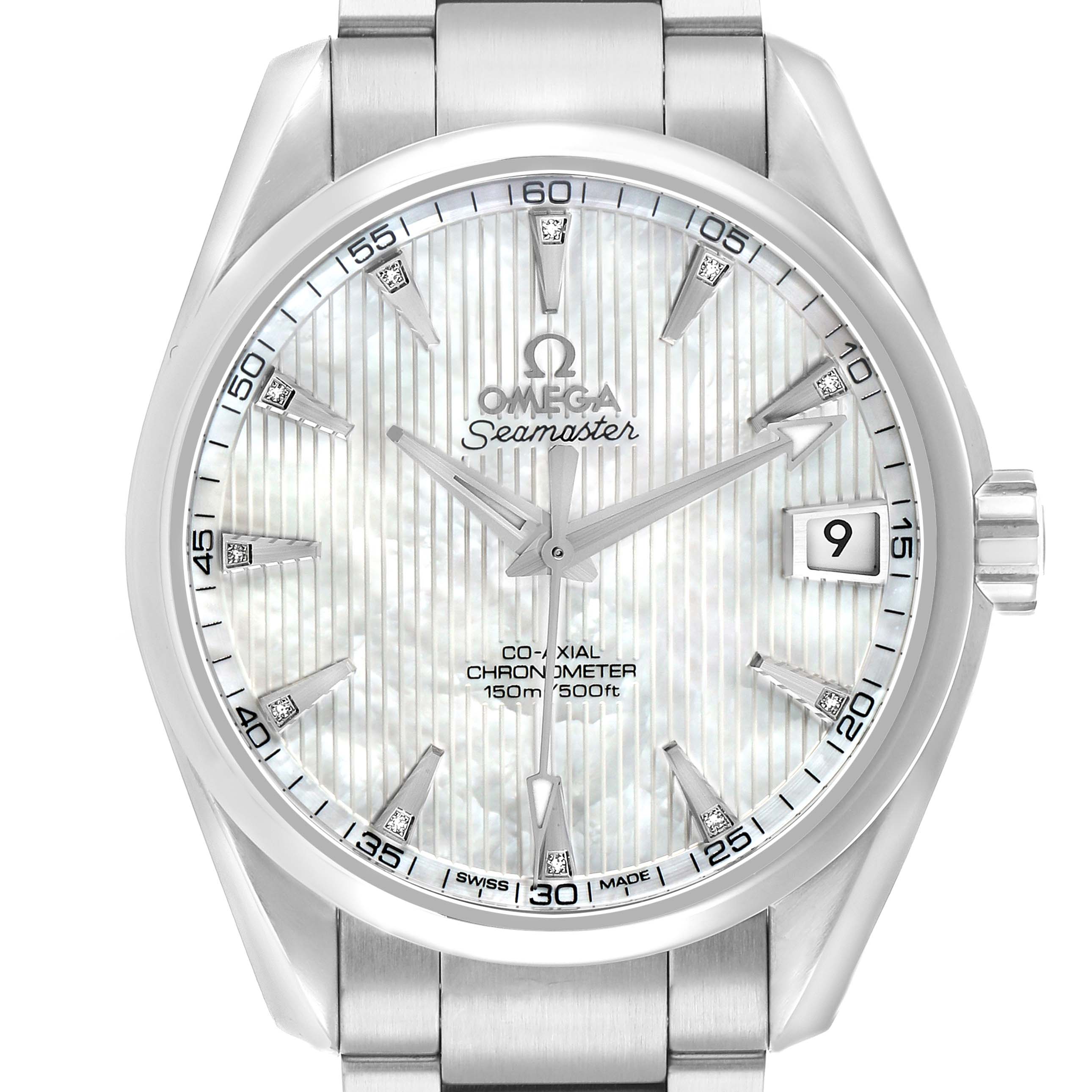 The Omega Aqua Terra 231.10.392.21.55.001 Men
s Stainless Steel Mother of Pearl Dial watch is shown from the front, highlighting its dial, hands, and date display.