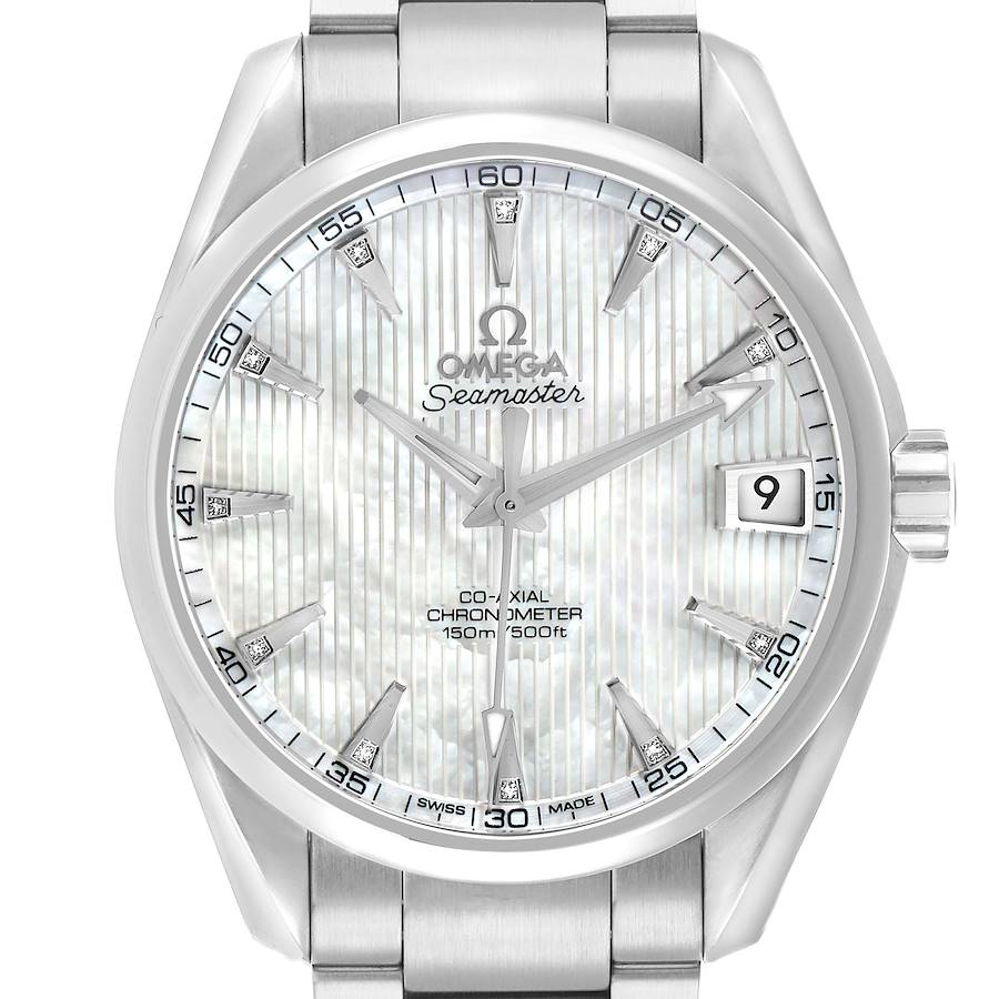 The Omega Aqua Terra 231.10.392.21.55.001 Men's Stainless Steel Mother of Pearl Dial watch is shown from the front, highlighting its dial, hands, and date display.