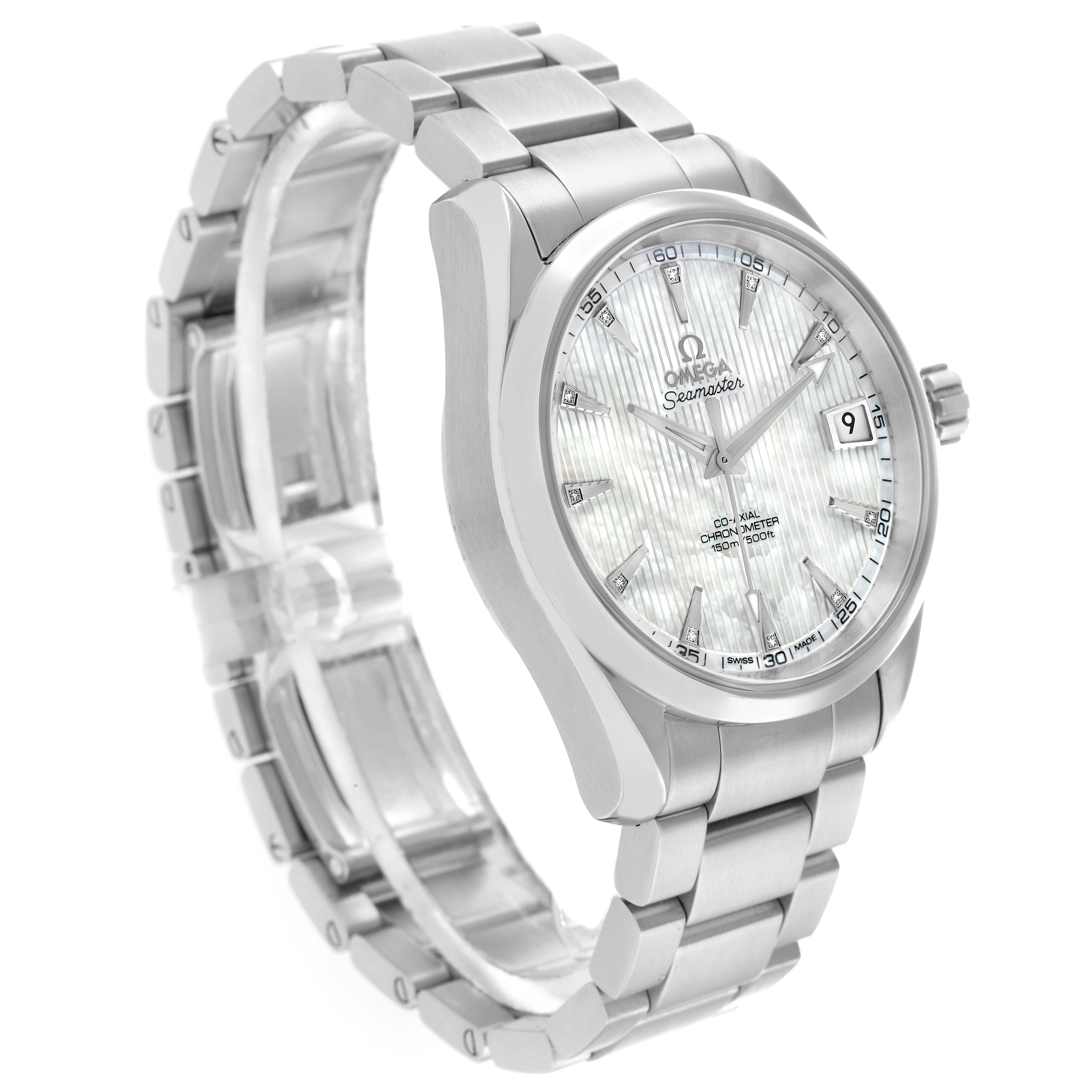 The Omega Aqua Terra 231.10.392.21.55.001 Men
s Stainless Steel Mother of Pearl Dial watch is shown at a three-quarter angle highlighting its face, bezel, case, bracelet, and crown.