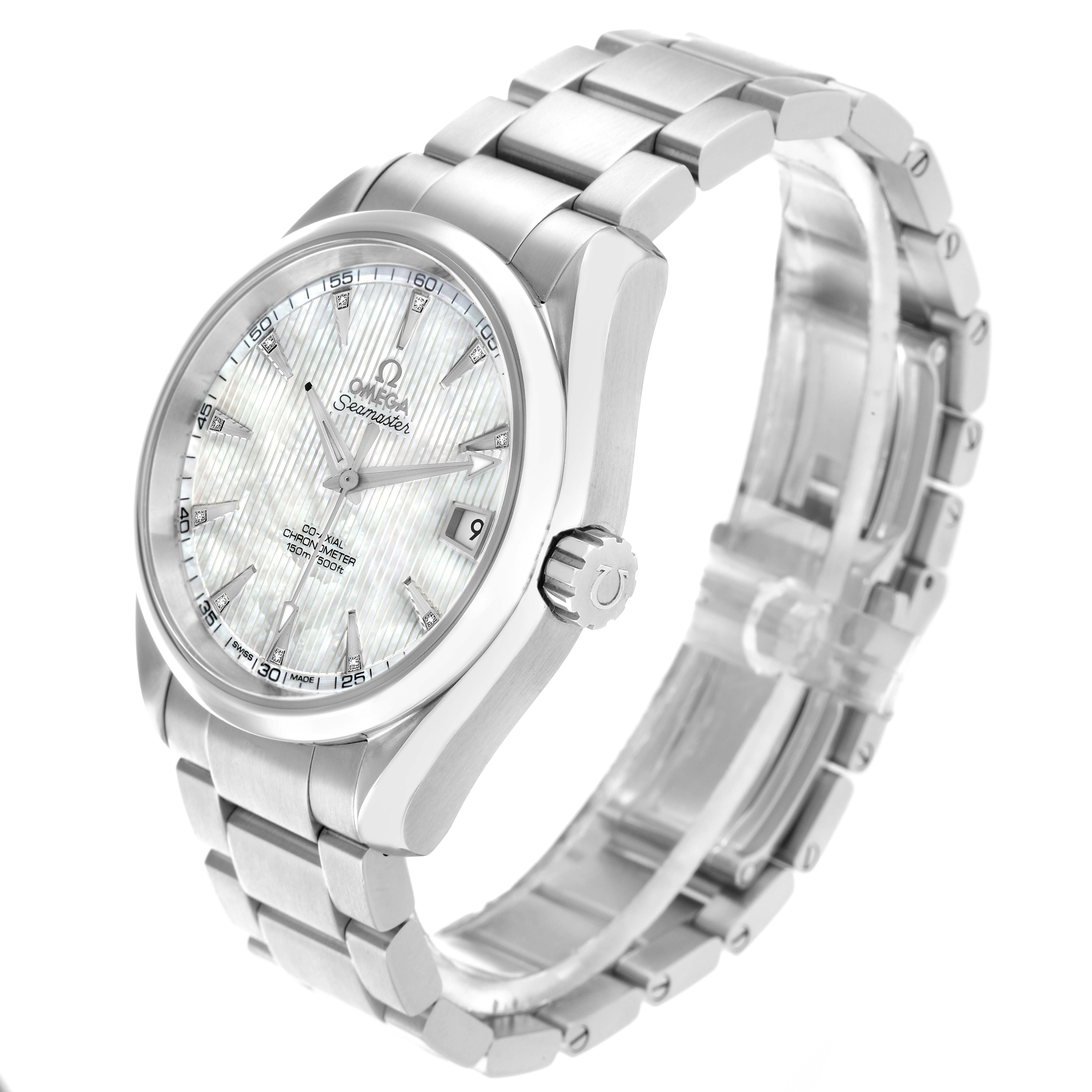 The Omega Aqua Terra 231.10.392.21.55.001 Men
s Stainless Steel Mother of Pearl Dial watch is shown from a front-side angle, highlighting the face, case, bracelet, and crown.