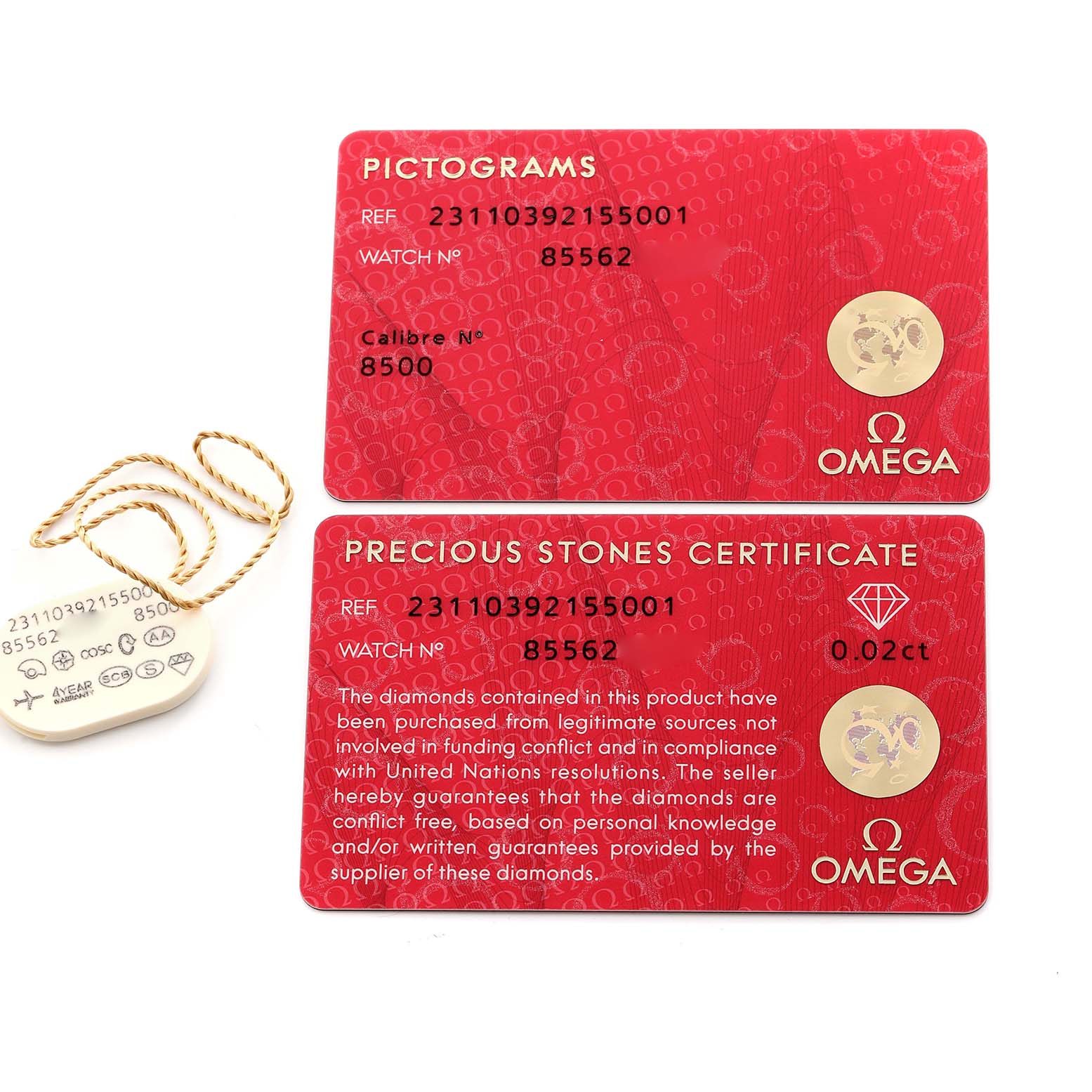 The image shows red Omega Aqua Terra 231.10.392.21.55.001 Men
s Stainless Steel Mother of Pearl Dial certification cards and a white tag with serial information.