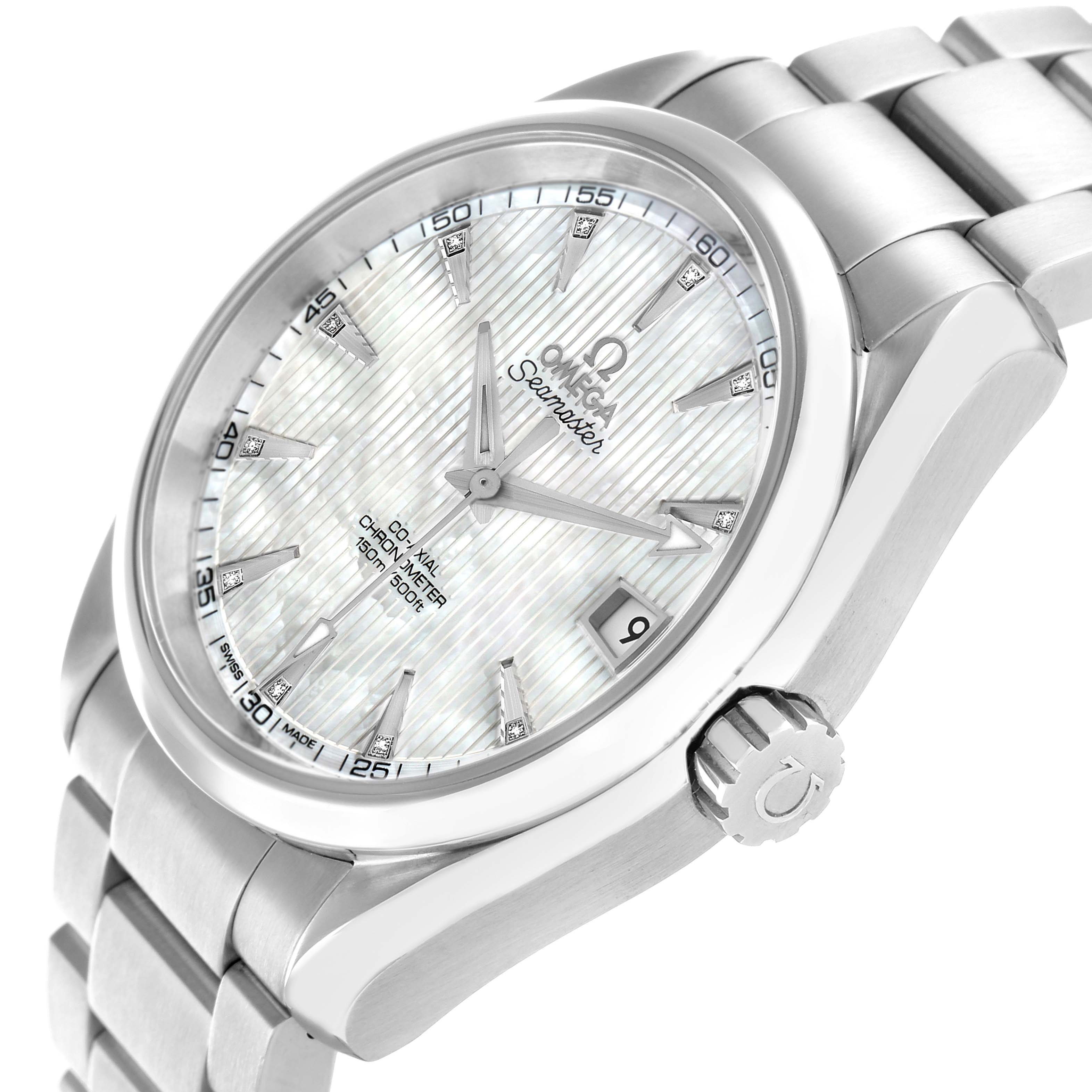 The Omega Aqua Terra 231.10.392.21.55.001 Men
s Stainless Steel Mother of Pearl Dial watch is shown at a side angle, highlighting the dial, bezel, and bracelet.