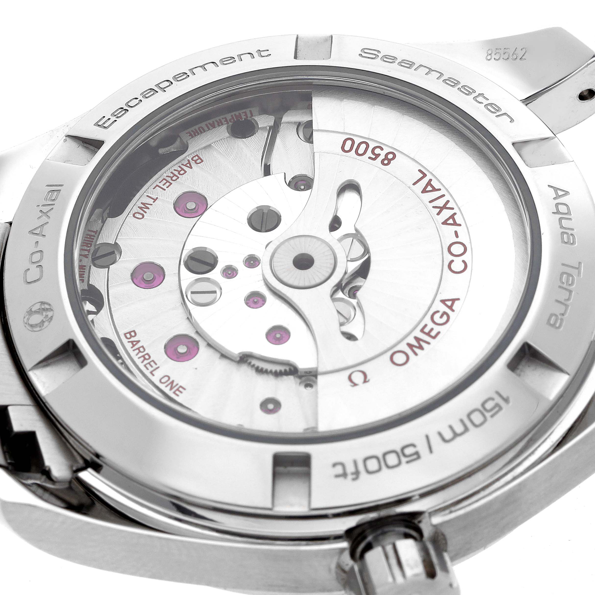 The back view of the Omega Aqua Terra 231.10.392.21.55.001 Men
s Stainless Steel Mother of Pearl Dial watch shows the Co-Axial escapement and the inner mechanism with a transparent case back.
