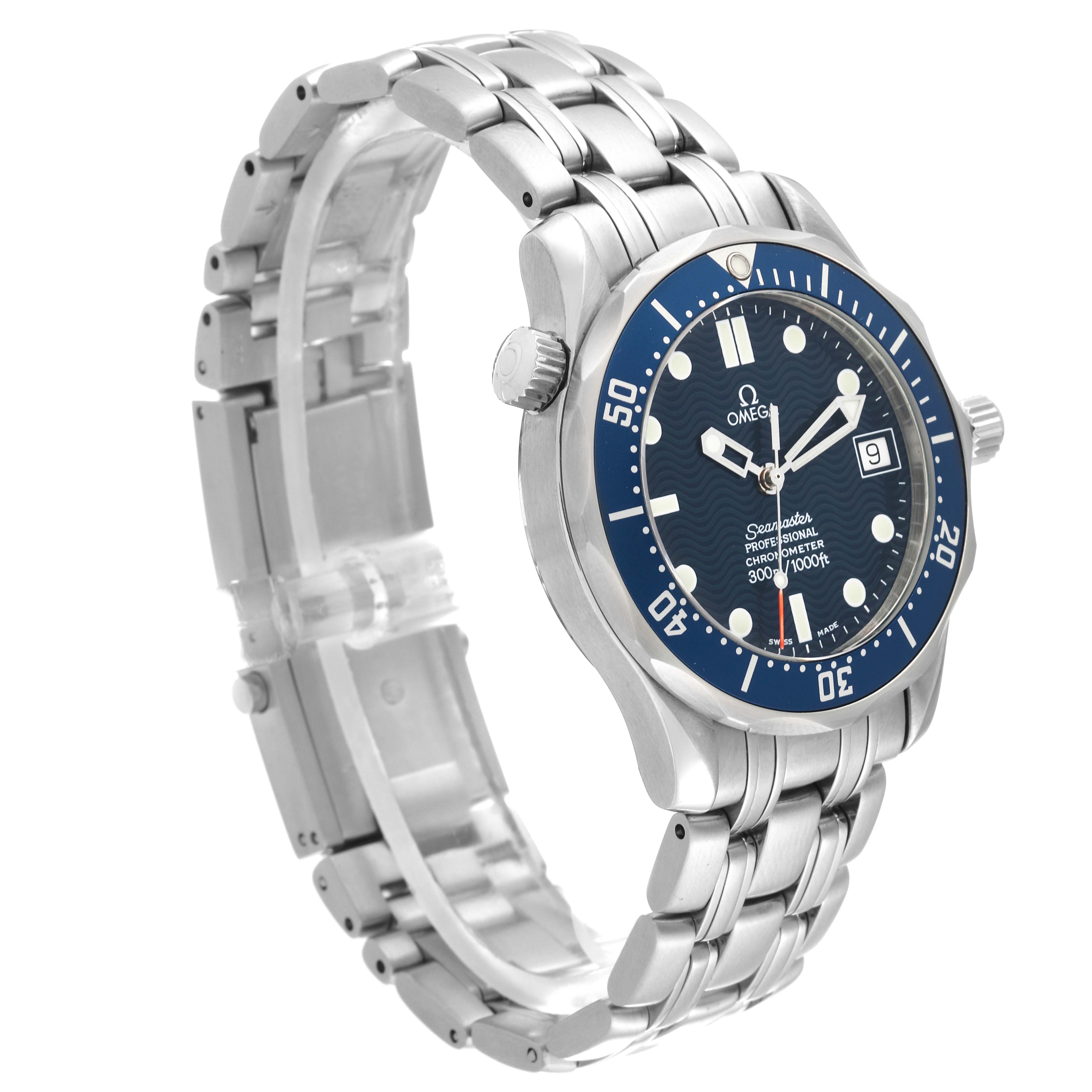 The Omega Seamaster 2551.80.00 Men
s Stainless Steel Blue Dial 2551.80.00 Men
s Stainless Steel Blue Dial is shown at a front-left angle, highlighting the face, bezel, and bracelet.