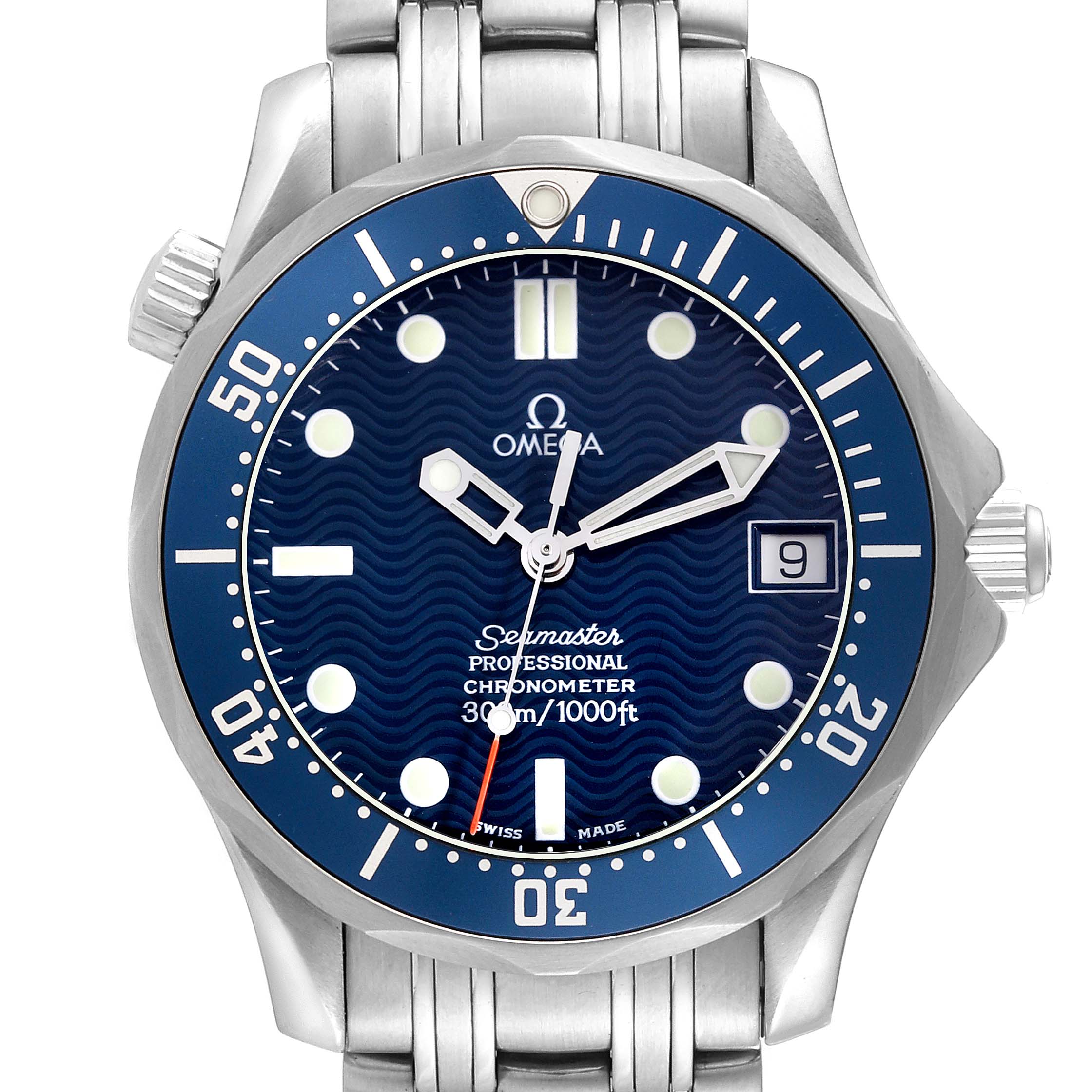 The Omega Seamaster 2551.80.00 Men
s Stainless Steel Blue Dial 2551.80.00 Men
s Stainless Steel Blue Dial watch is shown from the front, highlighting the bezel, dial, hands, date window, and bracelet.