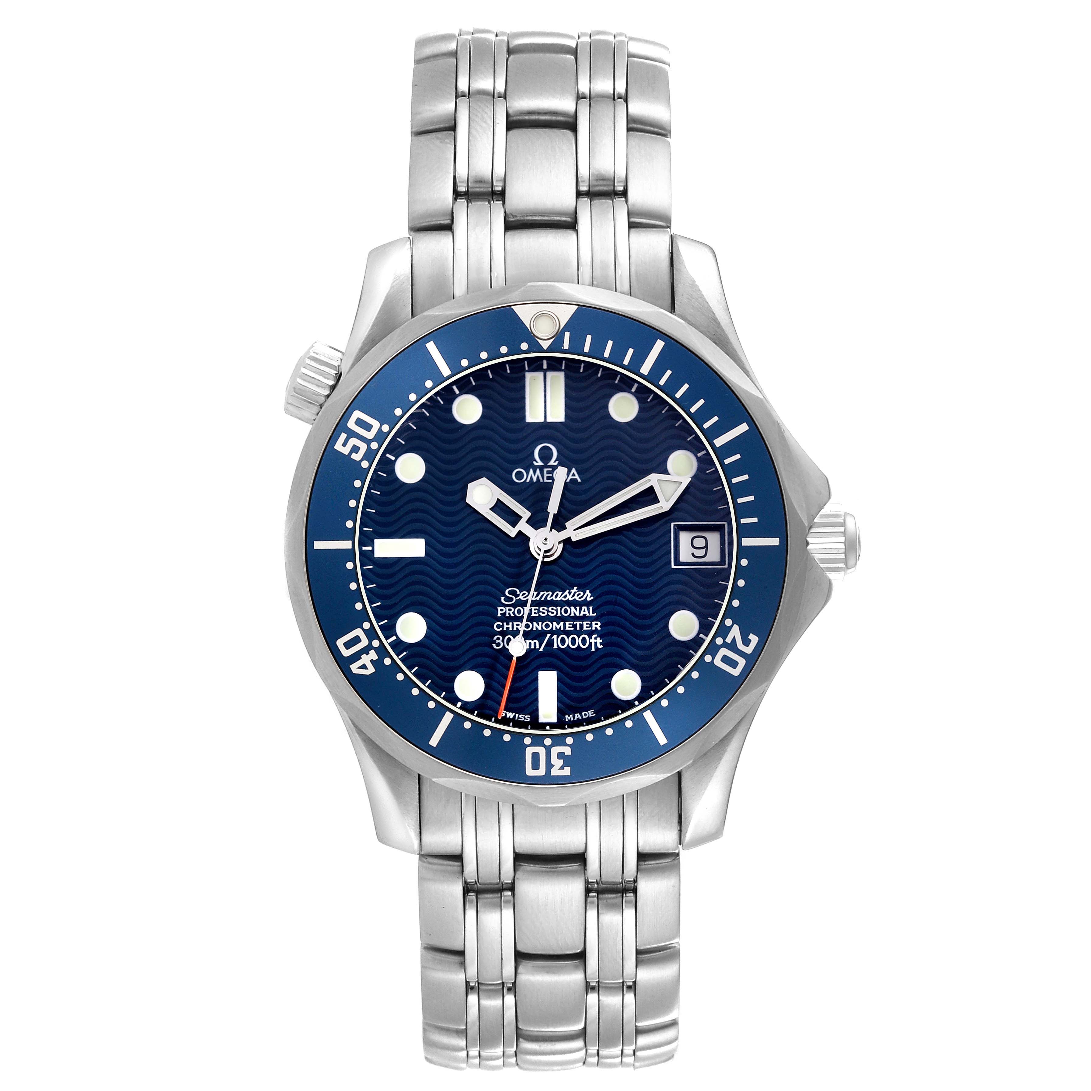 The Omega Seamaster 2551.80.00 Men
s Stainless Steel Blue Dial 2551.80.00 Men
s Stainless Steel Blue Dial is shown from a front angle, displaying the dial, bezel, and stainless steel bracelet.