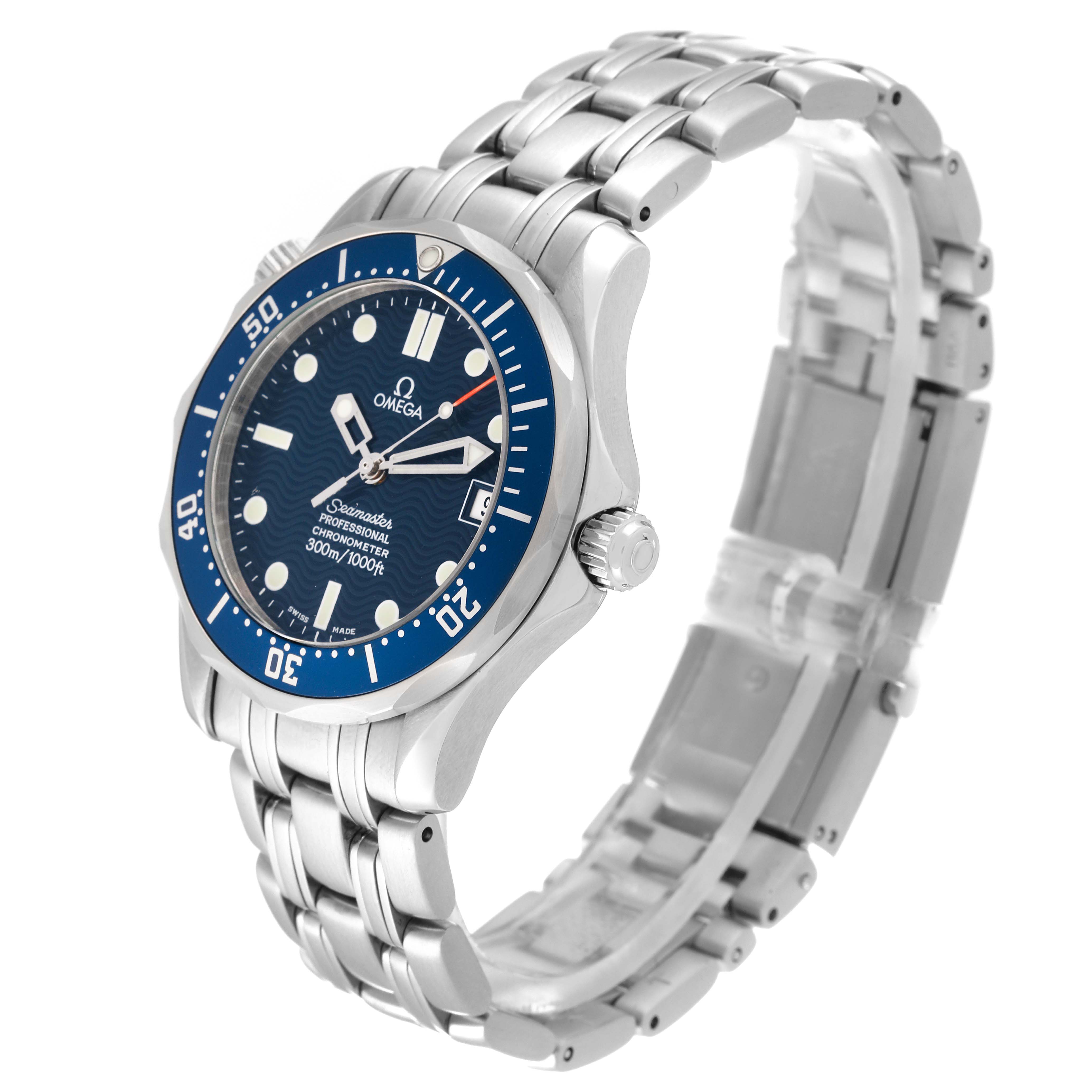 The Omega Seamaster 2551.80.00 Men
s Stainless Steel Blue Dial 2551.80.00 Men
s Stainless Steel Blue Dial watch is shown from a side angle, highlighting the bezel, dial, bracelet, and clasp.