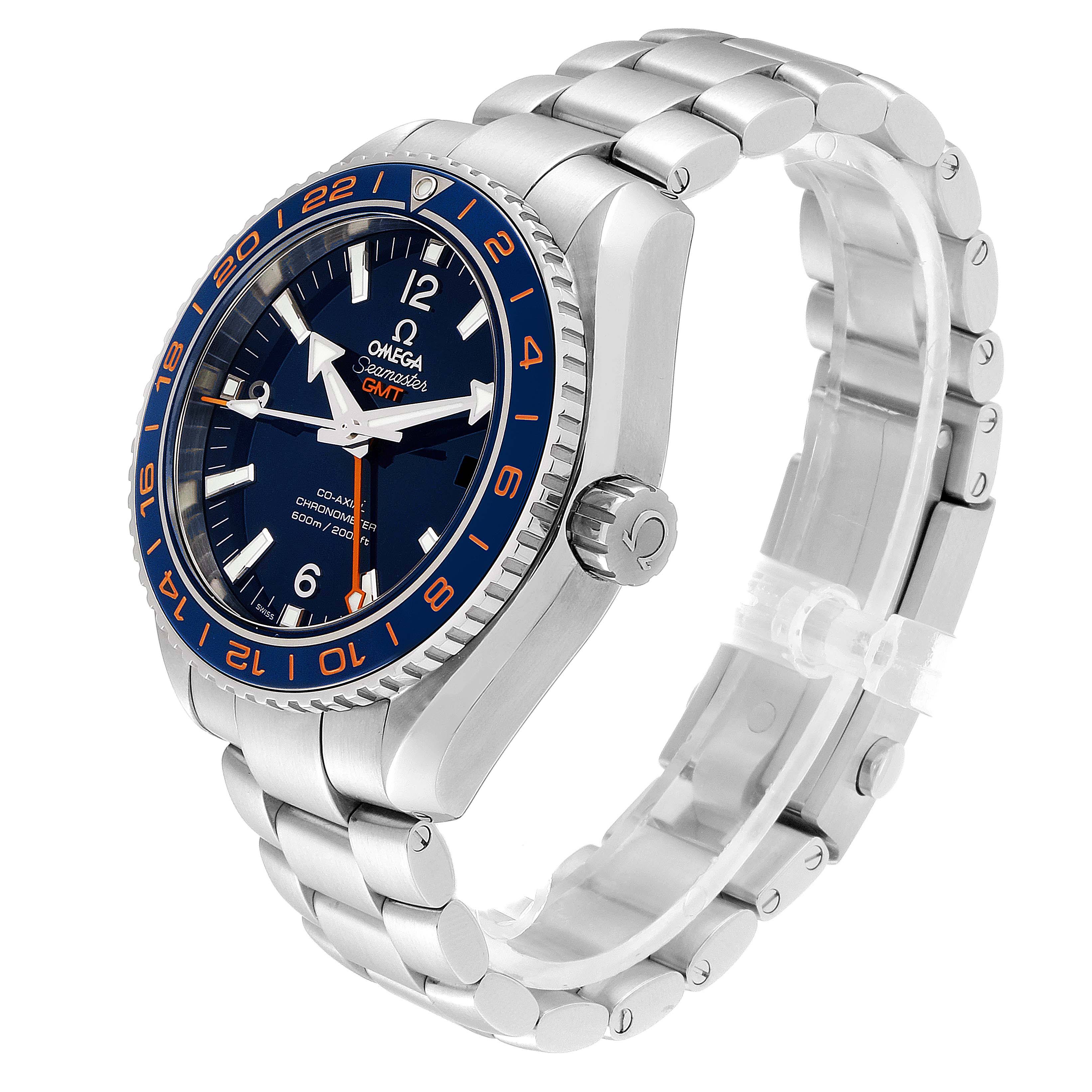 This is an Omega Planet Ocean 232.30.44.22.03.001 Men's Stainless Steel Blue Dial 232.30.44.22.03.001 Men's Stainless Steel Blue Dial watch shown from a three-quarter angle highlighting the face, bezel, crown, and bracelet.