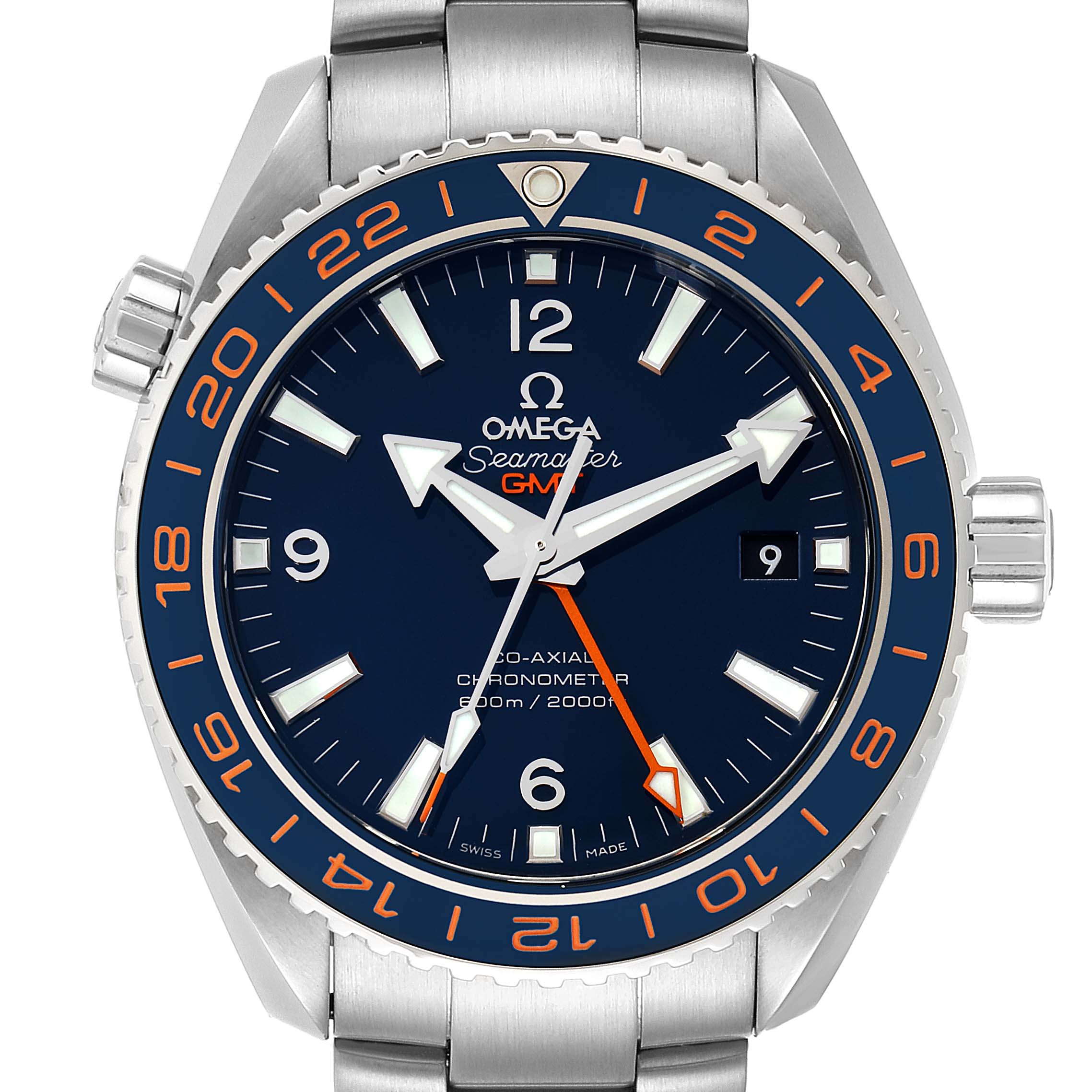The image shows a front view of the Omega Seamaster Planet Ocean watch, highlighting the dial, bezel, and part of the bracelet.