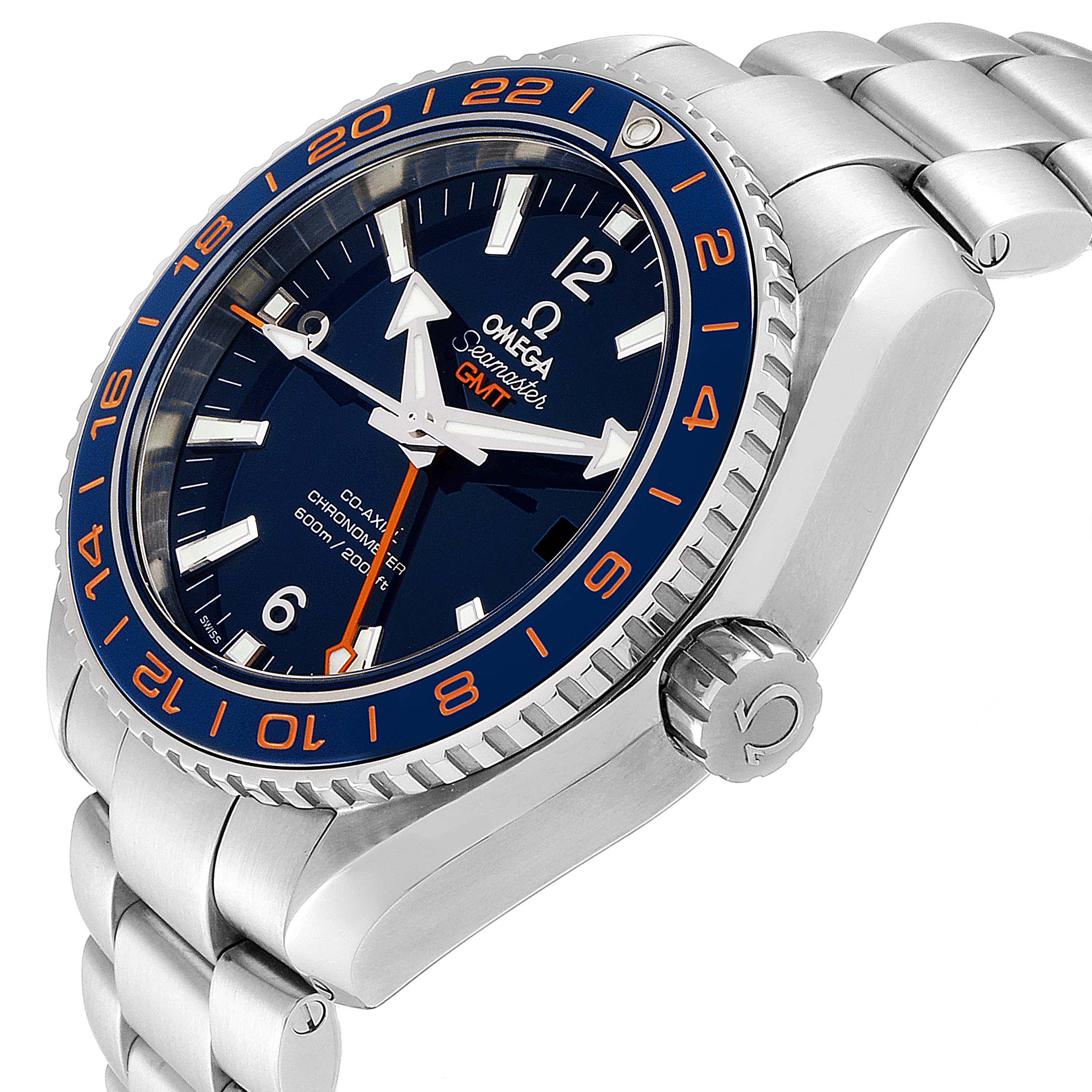 This is a close-up angle of the Omega Planet Ocean 232.30.44.22.03.001 Men's Stainless Steel Blue Dial 232.30.44.22.03.001 Men's Stainless Steel Blue Dial watch, showcasing the dial, bezel, crown, and part of the bracelet.