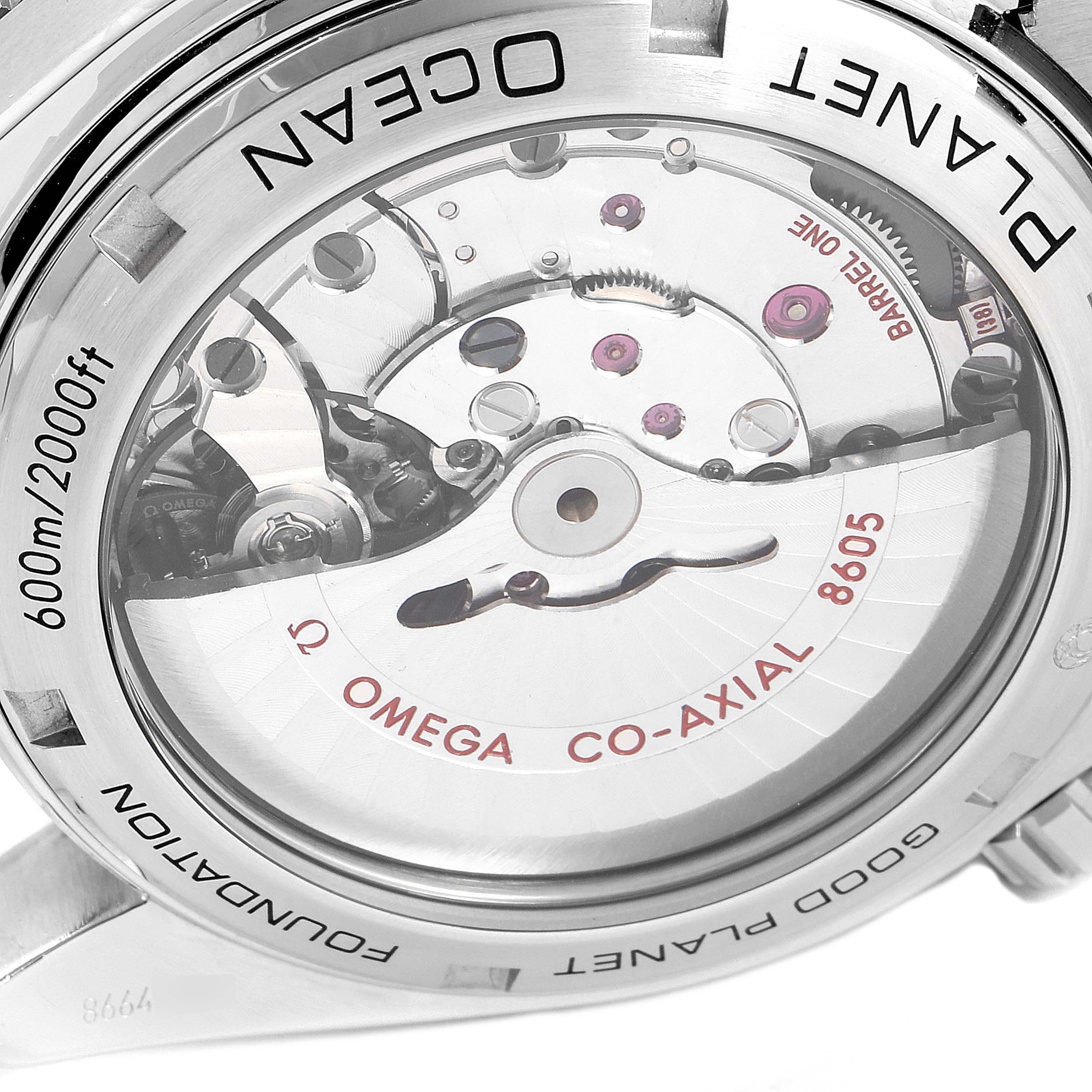 The image shows the back case, revealing the internal mechanism of the Omega Planet Ocean 232.30.44.22.03.001 Men's Stainless Steel Blue Dial 232.30.44.22.03.001 Men's Stainless Steel Blue Dial watch.